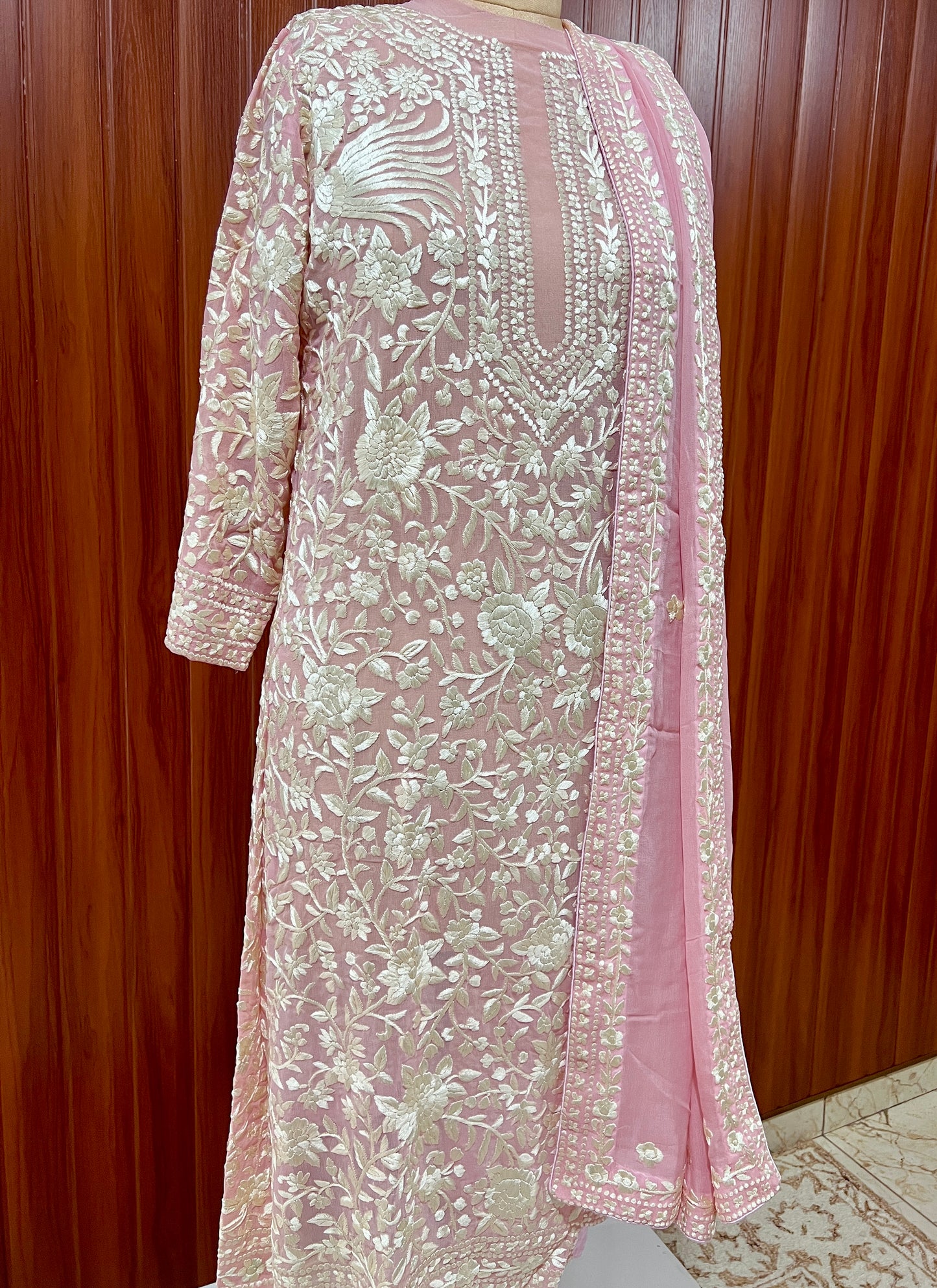 Pretty Pink Masterpiece Hand Embroidered Parsi Gara Kurta dupatta set