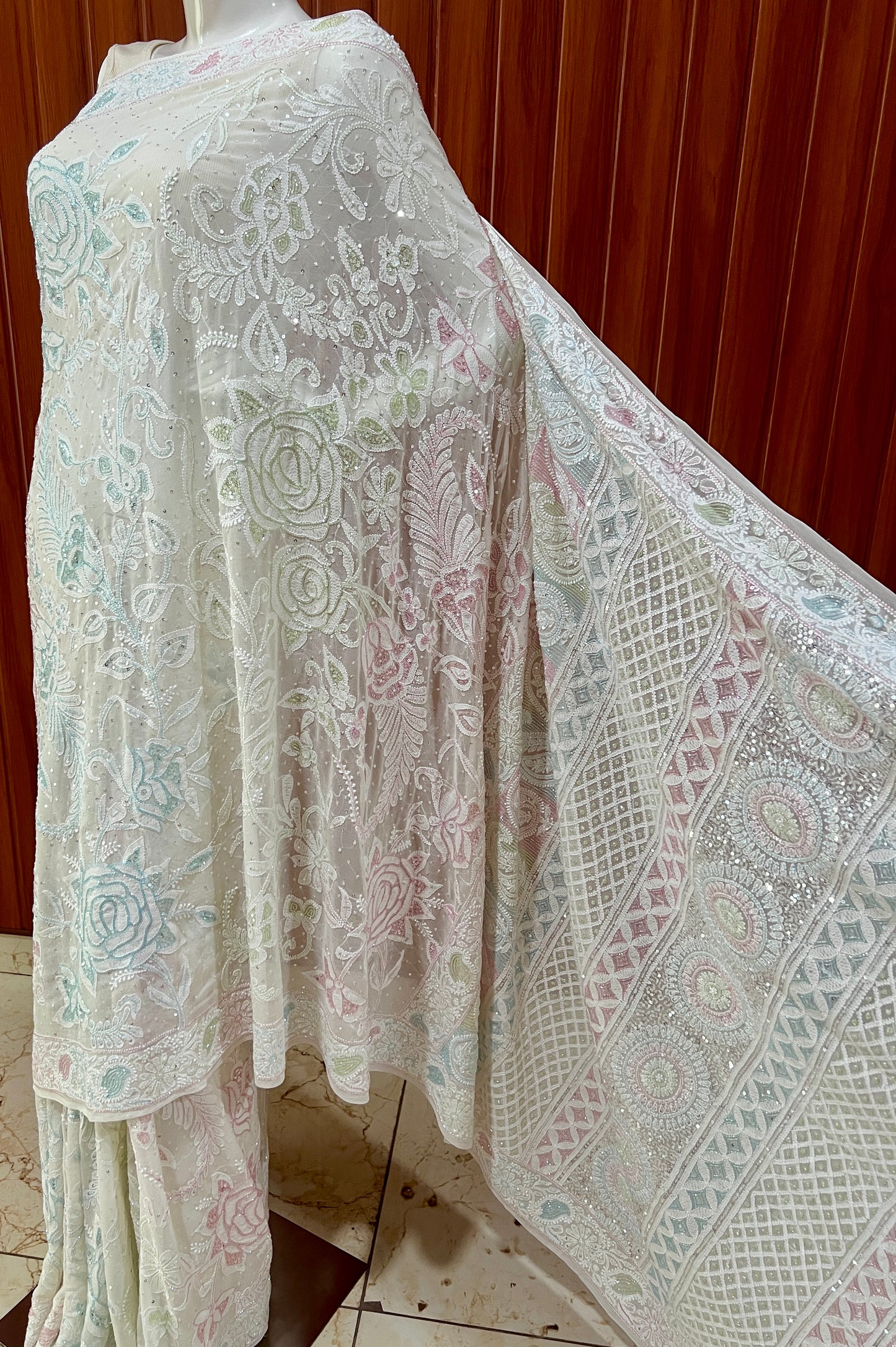 Ruhani Ivory Chikankari multicolored Cut Dana and Sequins Saree