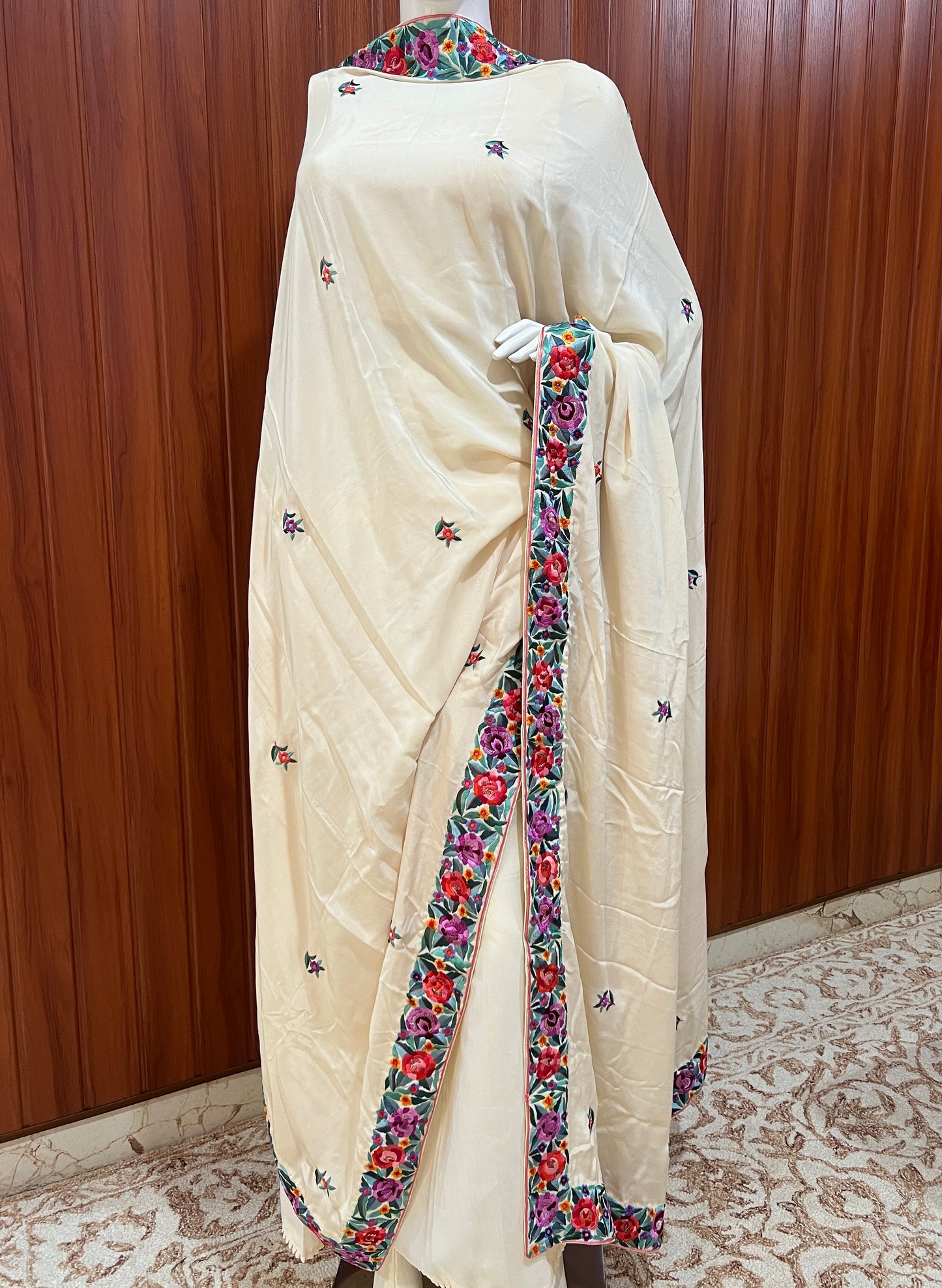 Cream Pure Crepe Dupatta With multicolored Parsi Gara Hand Embroidery