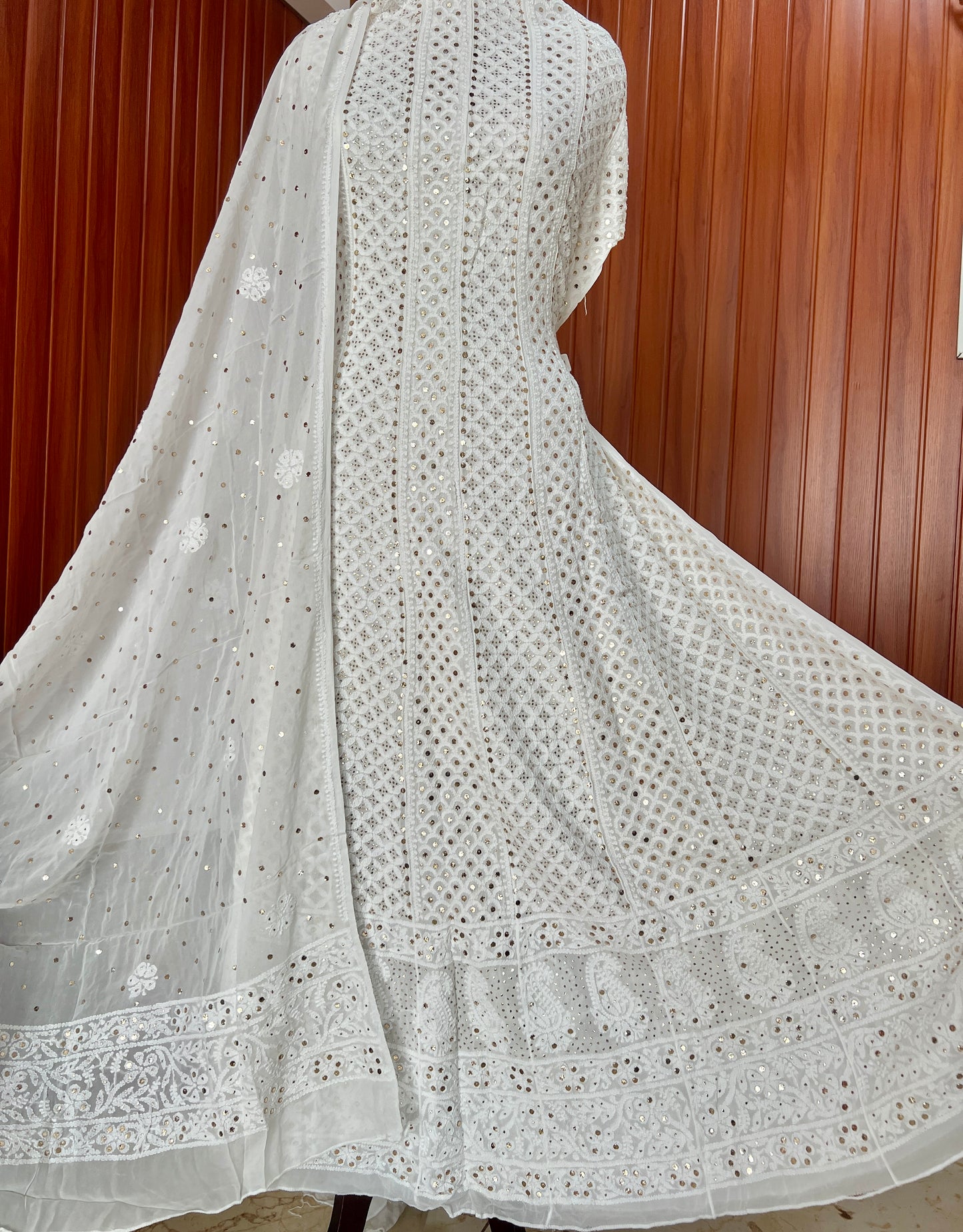 White allover Chikankari and mukaish anarkali with dupatta
