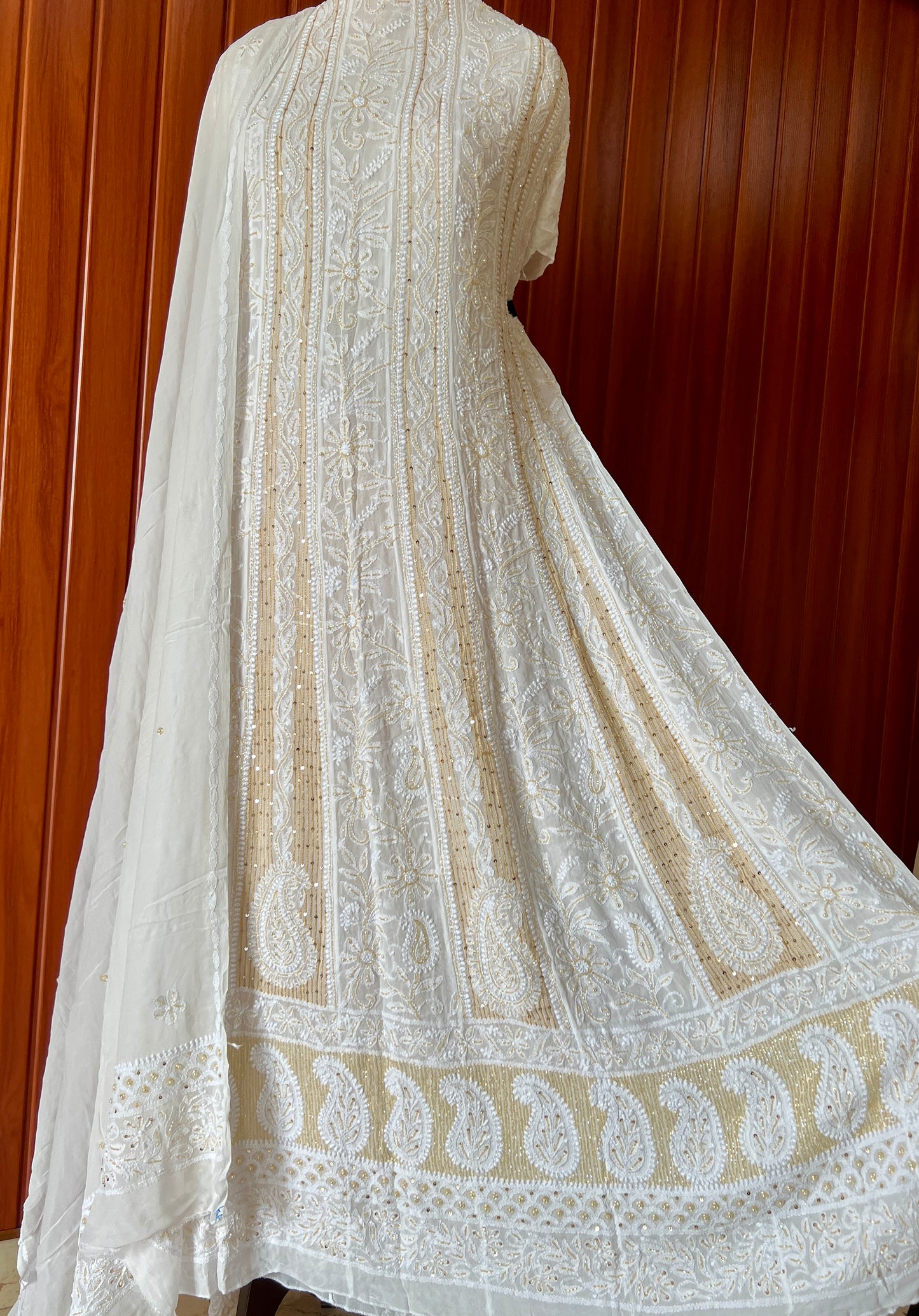 White Chikankari Sequins Cut Dana Anarkali with Dupatta
