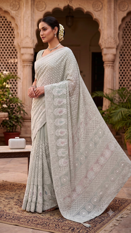 Ruhani Sage Blue Chikankari Cut Dana and Sequins Saree