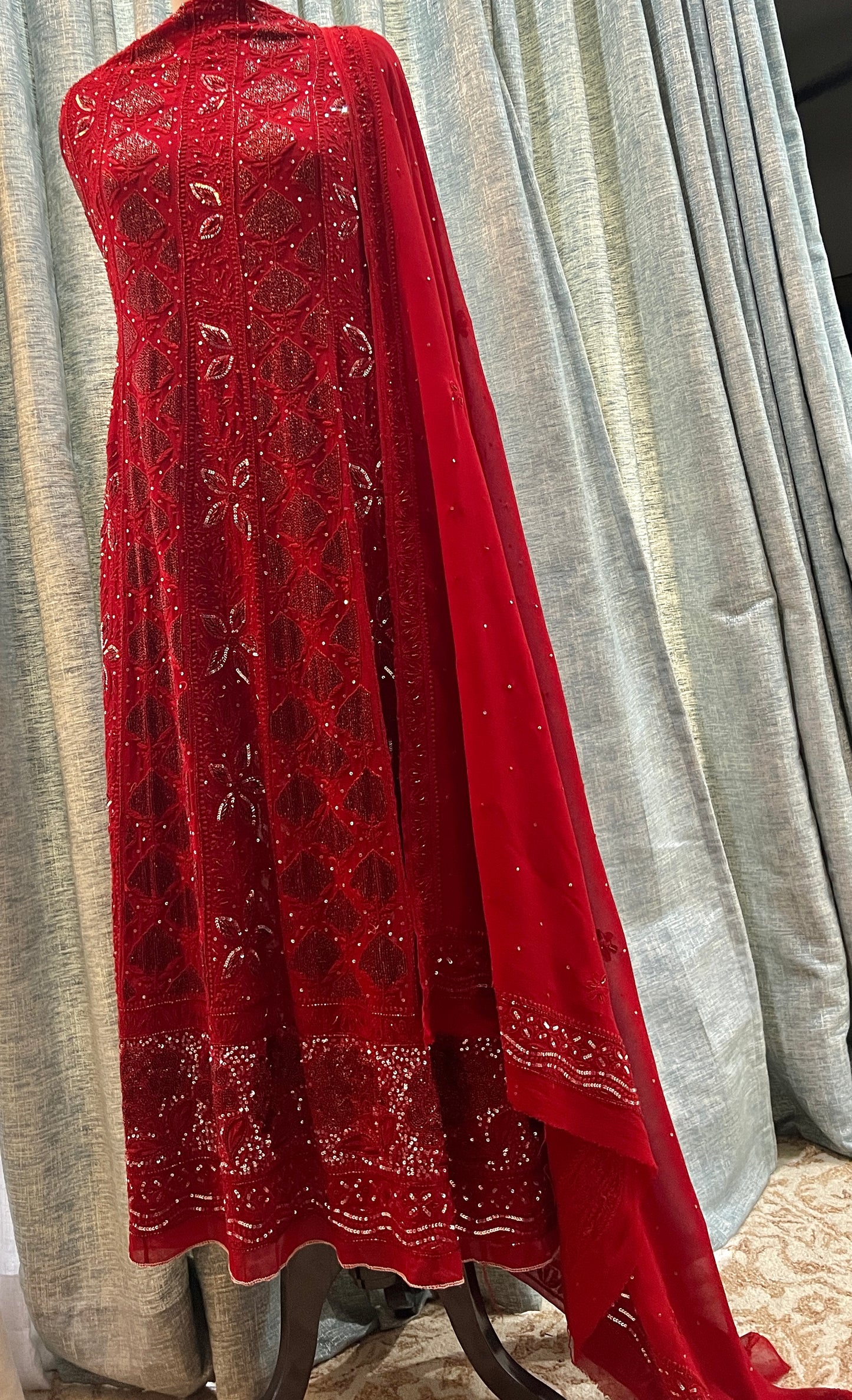 Reddish Maroon Chikankari Sequins and Cut Dana Anarkali