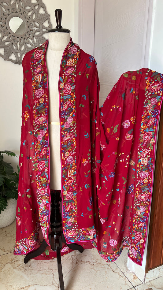 Deep Red Masterpiece Petit Point Hand Embroidered Dupatta