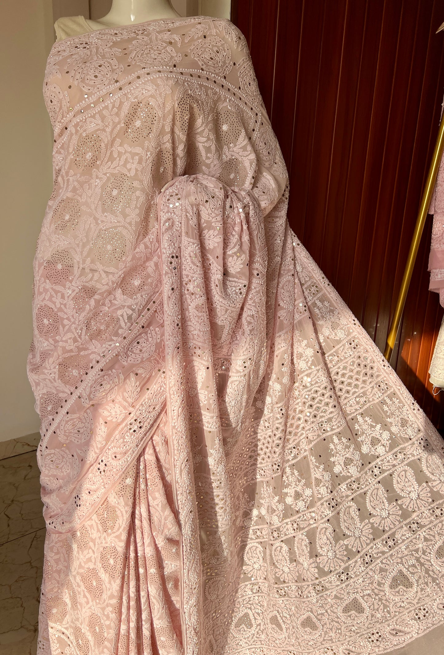Ruhani Dusty Pink Allover Designer Chikankari and Mukaish Saree
