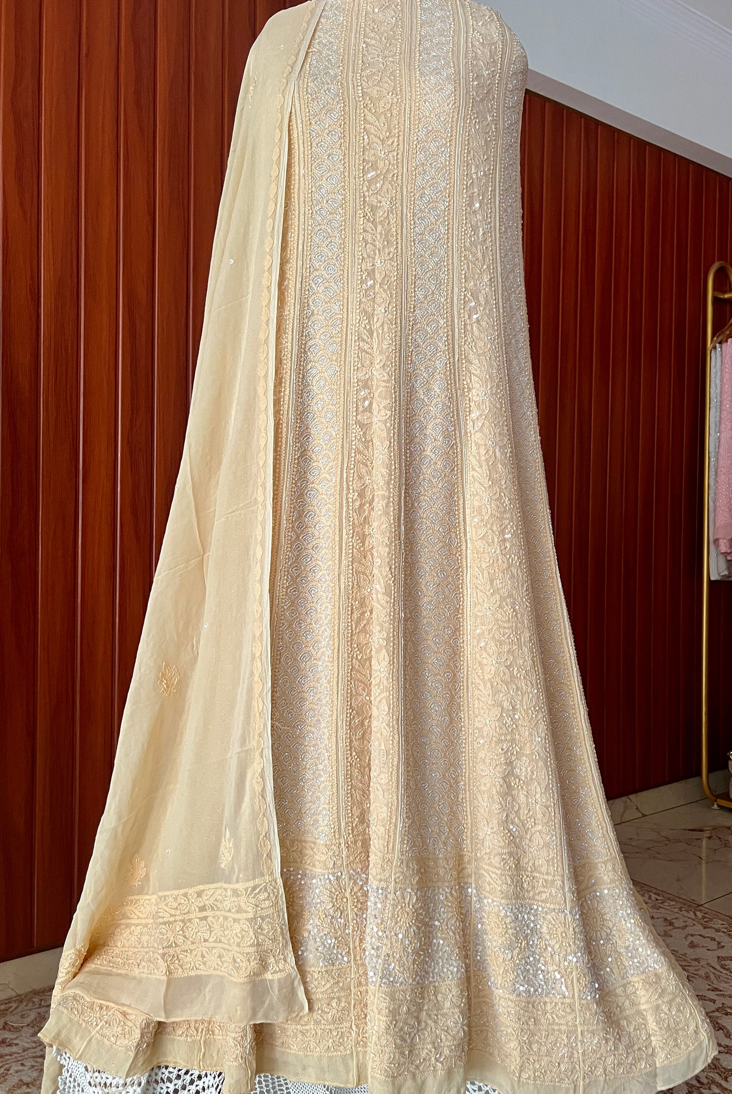 Golden Beige Chikankari and Cut Dana Embroidered Anarkali with Dupatta