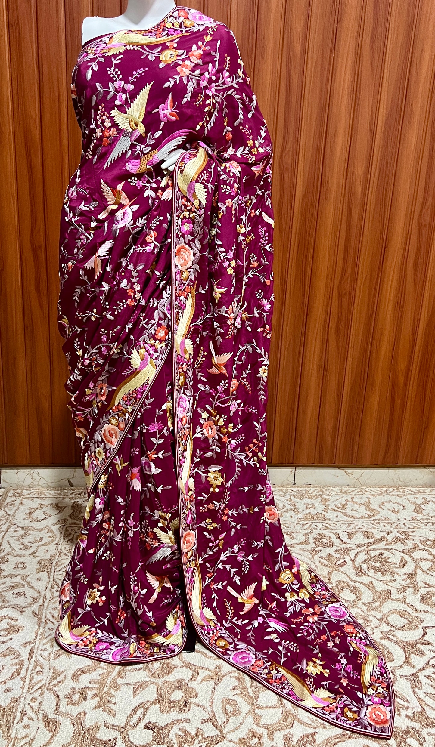 Burgundy Masterpiece Parsi Gara Pure Crepe Saree