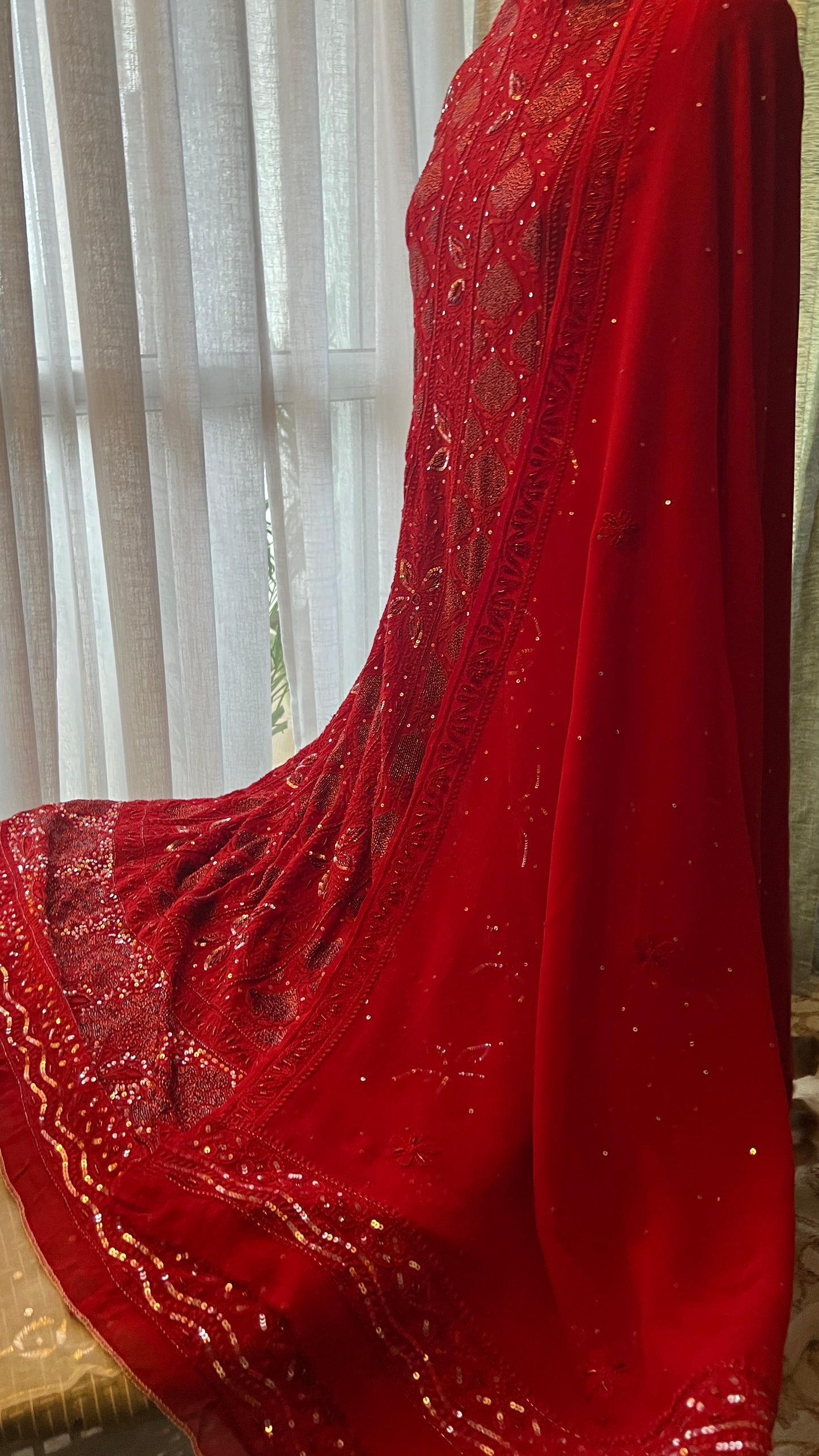 Reddish Maroon Chikankari Sequins and Cut Dana Anarkali