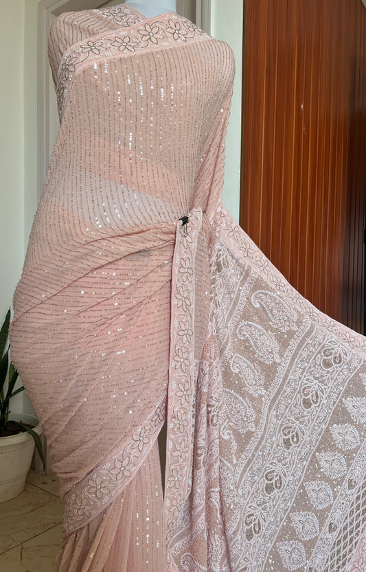Ruhani Old Rose Chikankari Cut Dana and sequins Saree