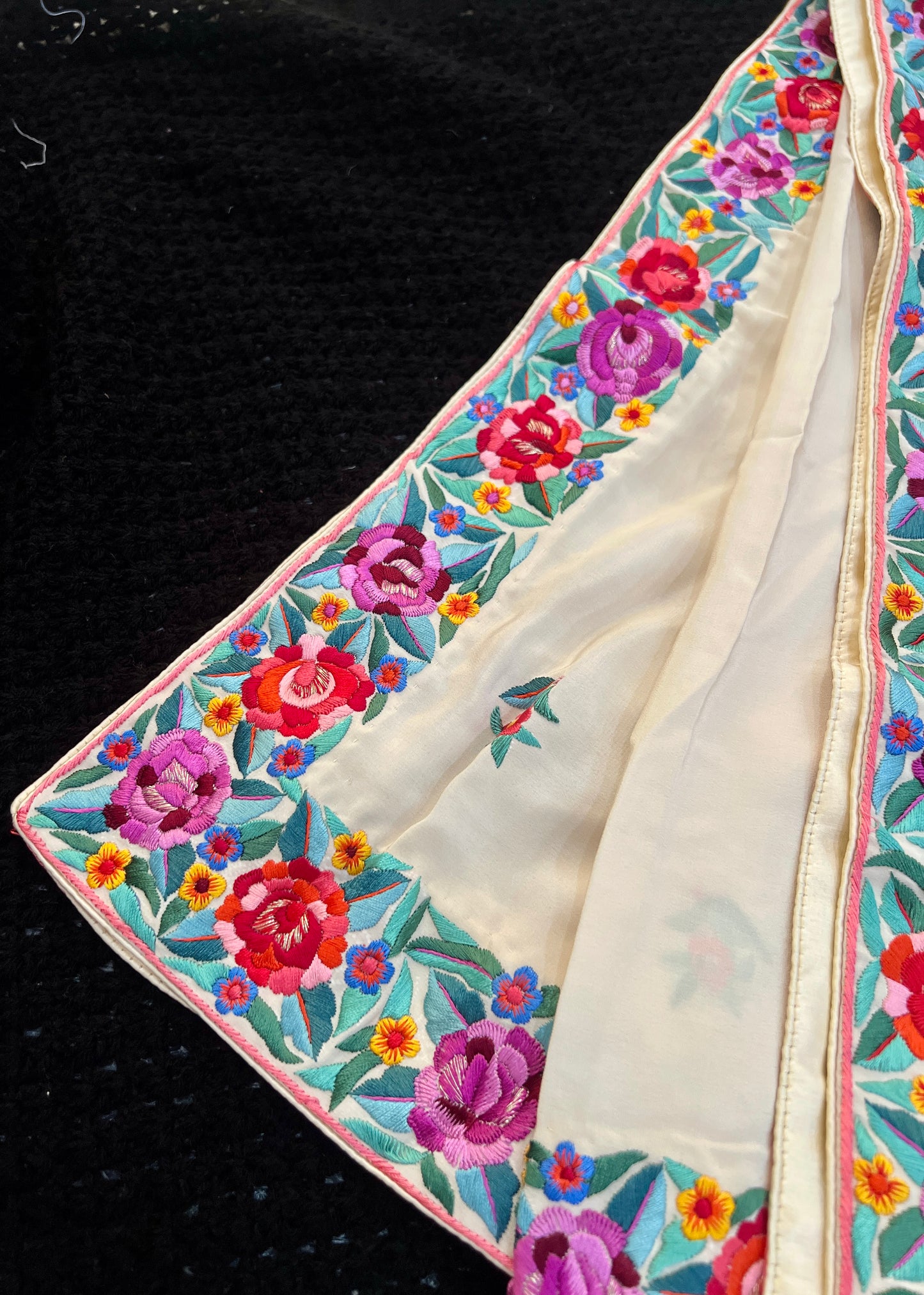Cream Pure Crepe Dupatta With multicolored Parsi Gara Hand Embroidery