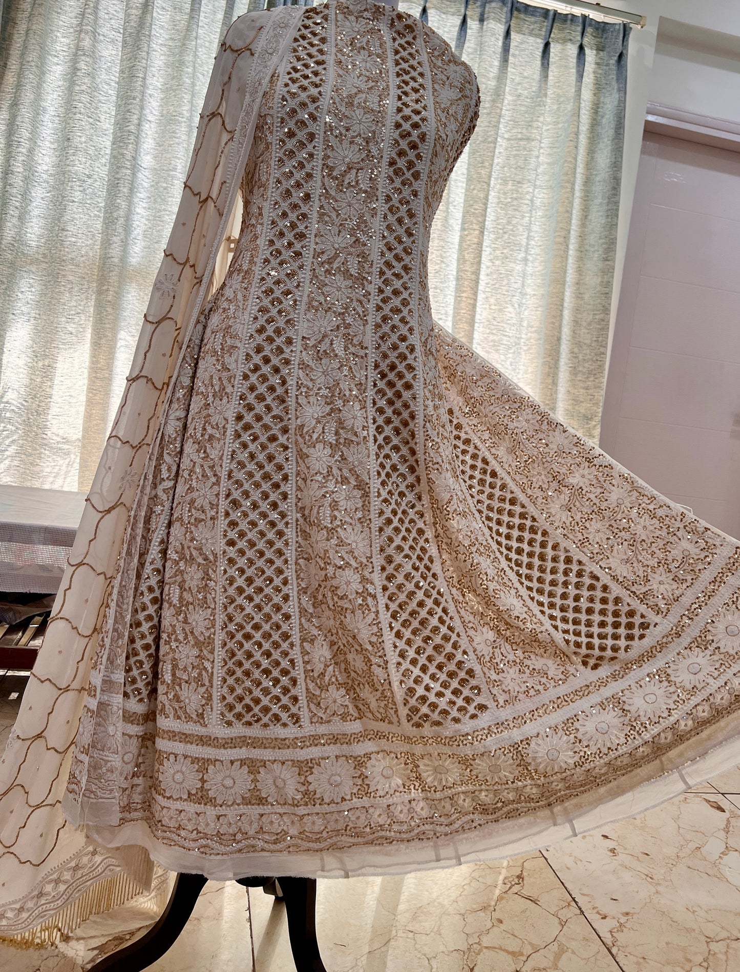 Ruhani Off white Chikankari sequins cut Dana Anarkali