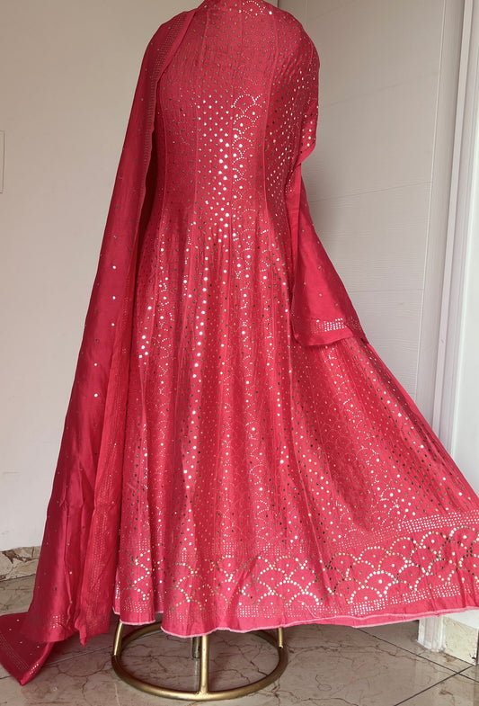Bright Rose Pink Allover Heavy Mukaish Chanderi Silk Anarkali with Dupatta