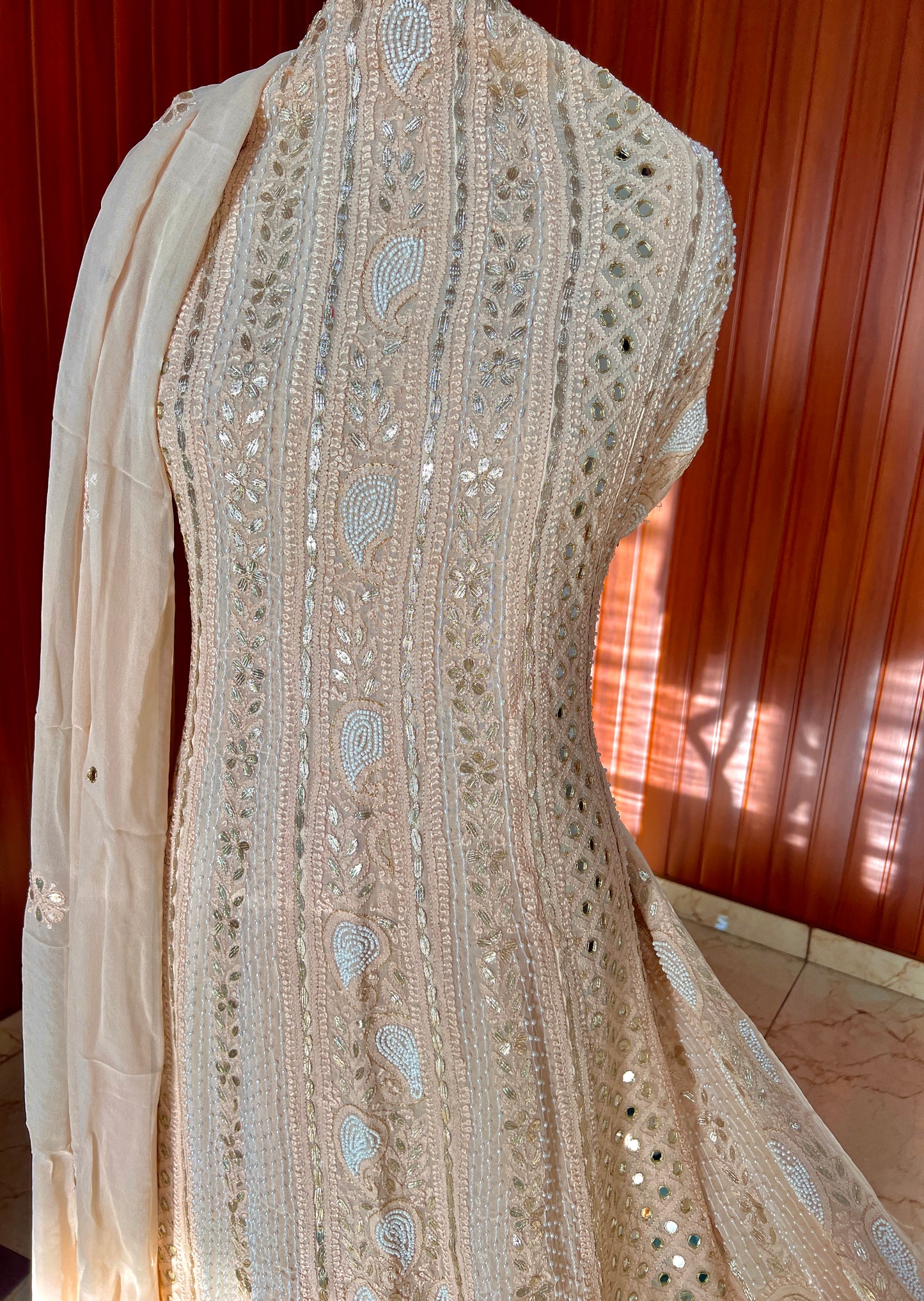 Beige Chikankari Mirror Gota Patti Pearl Anarkali with Dupatta