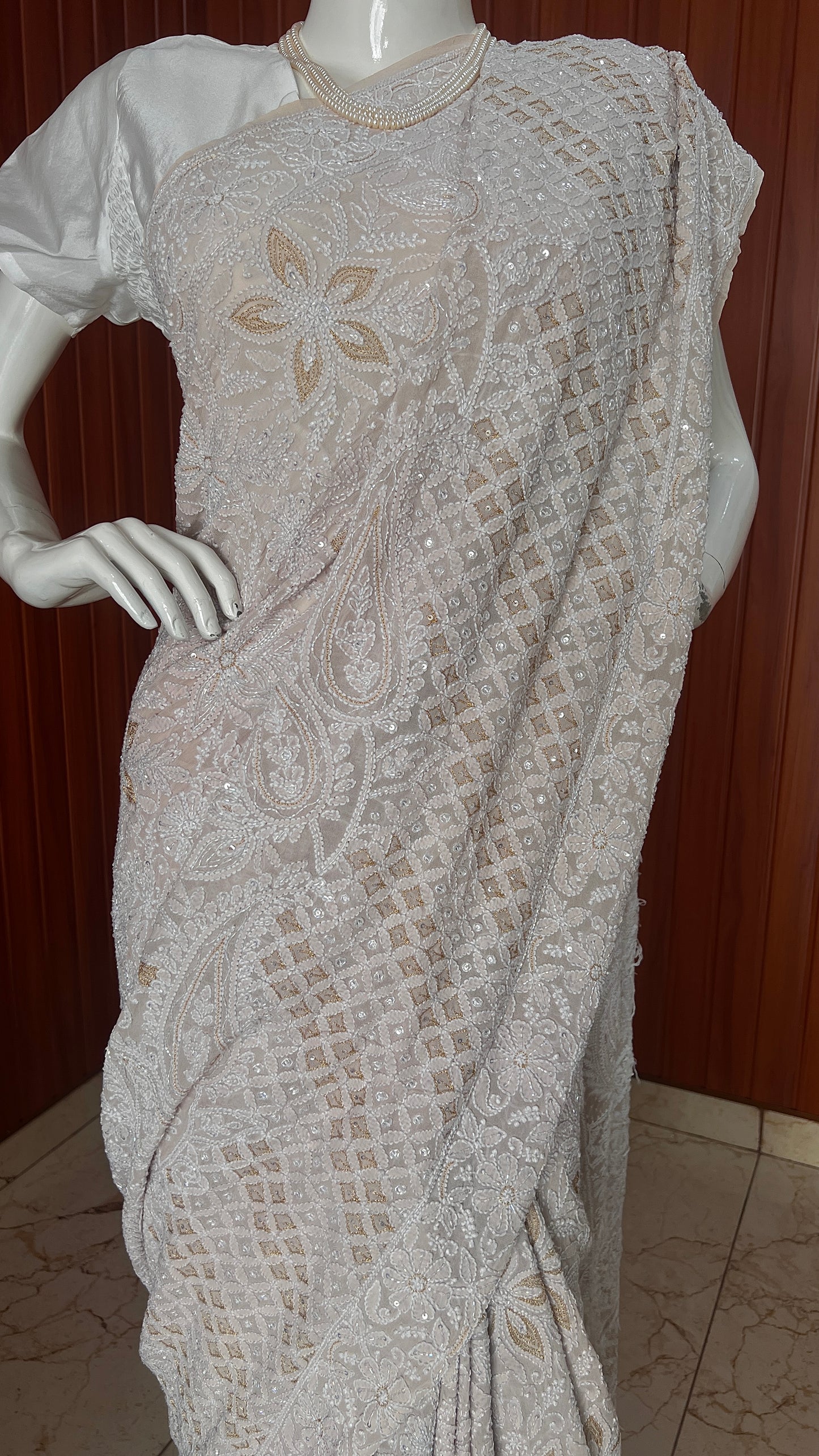 Ruhani Nude Champagne Chikankari and Cut Dana Saree