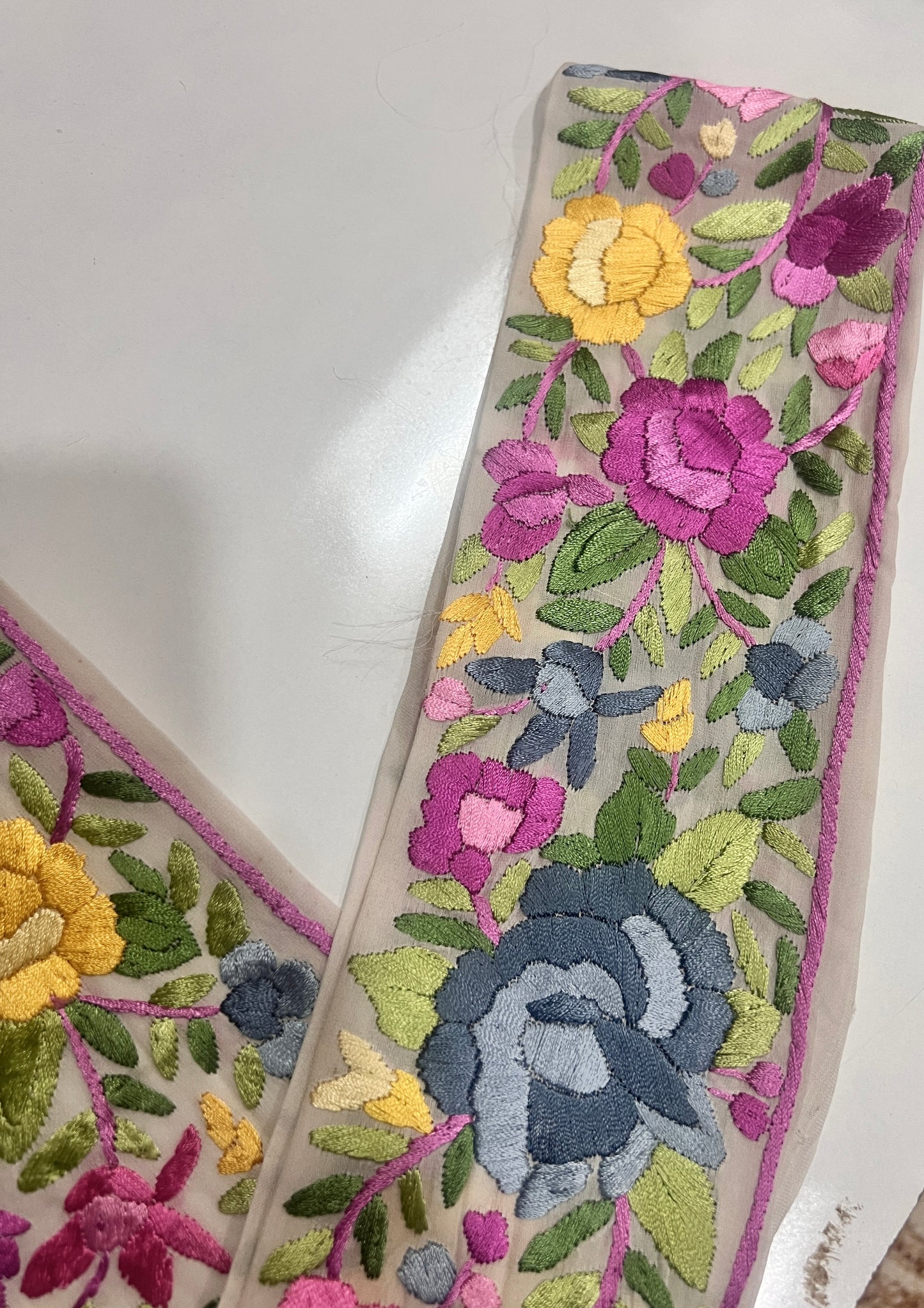 Off white White multicolored hand embroidered parsi gara border