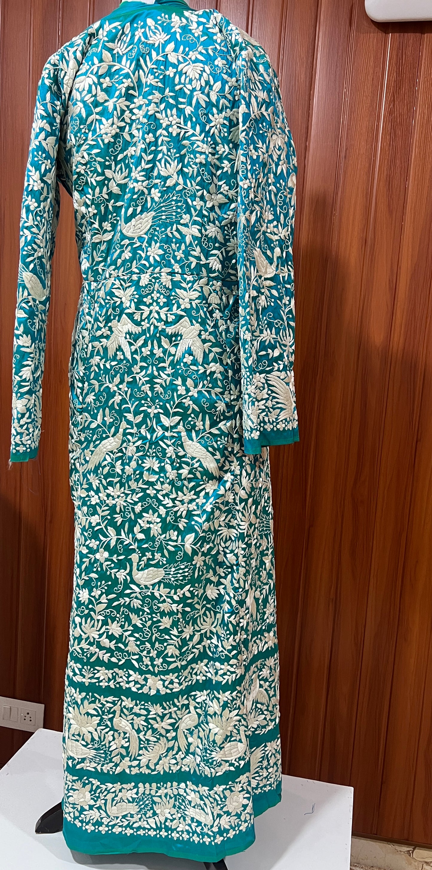 Turquoise Masterpiece Hand Embroidered Parsi Gara Jacket Unstitched