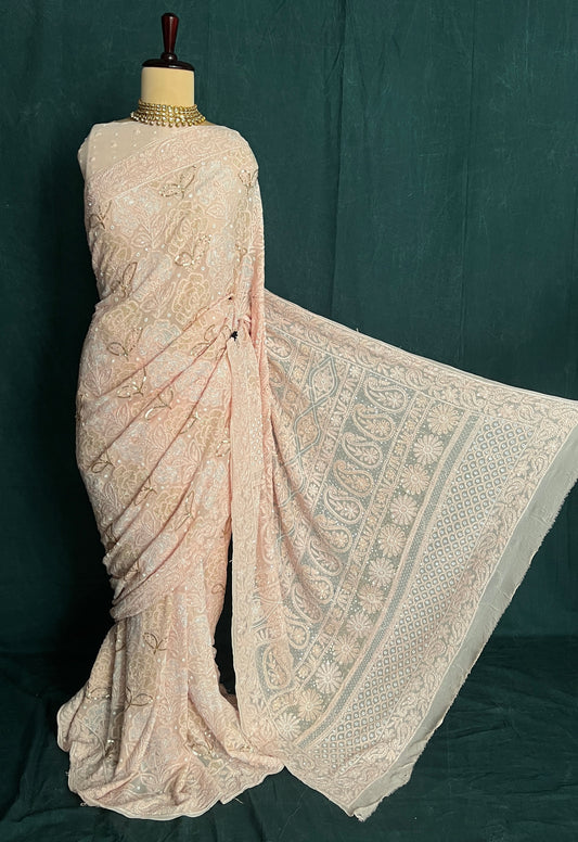 Ruhani Old Rose Chikankari Cut Dana and Sequins Saree