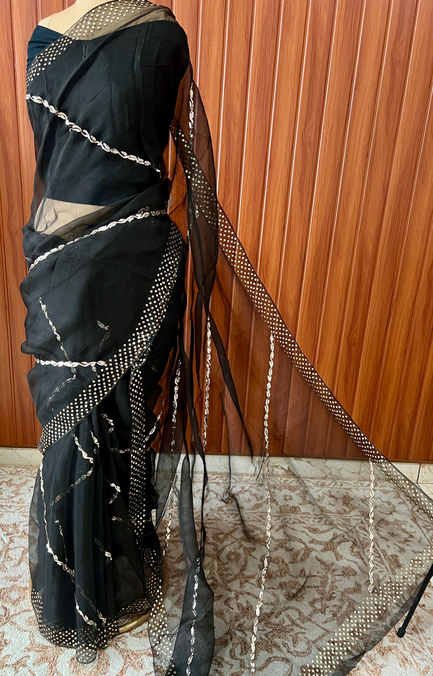 Black Pure Organza Saree with Badla and Mukaish Work
