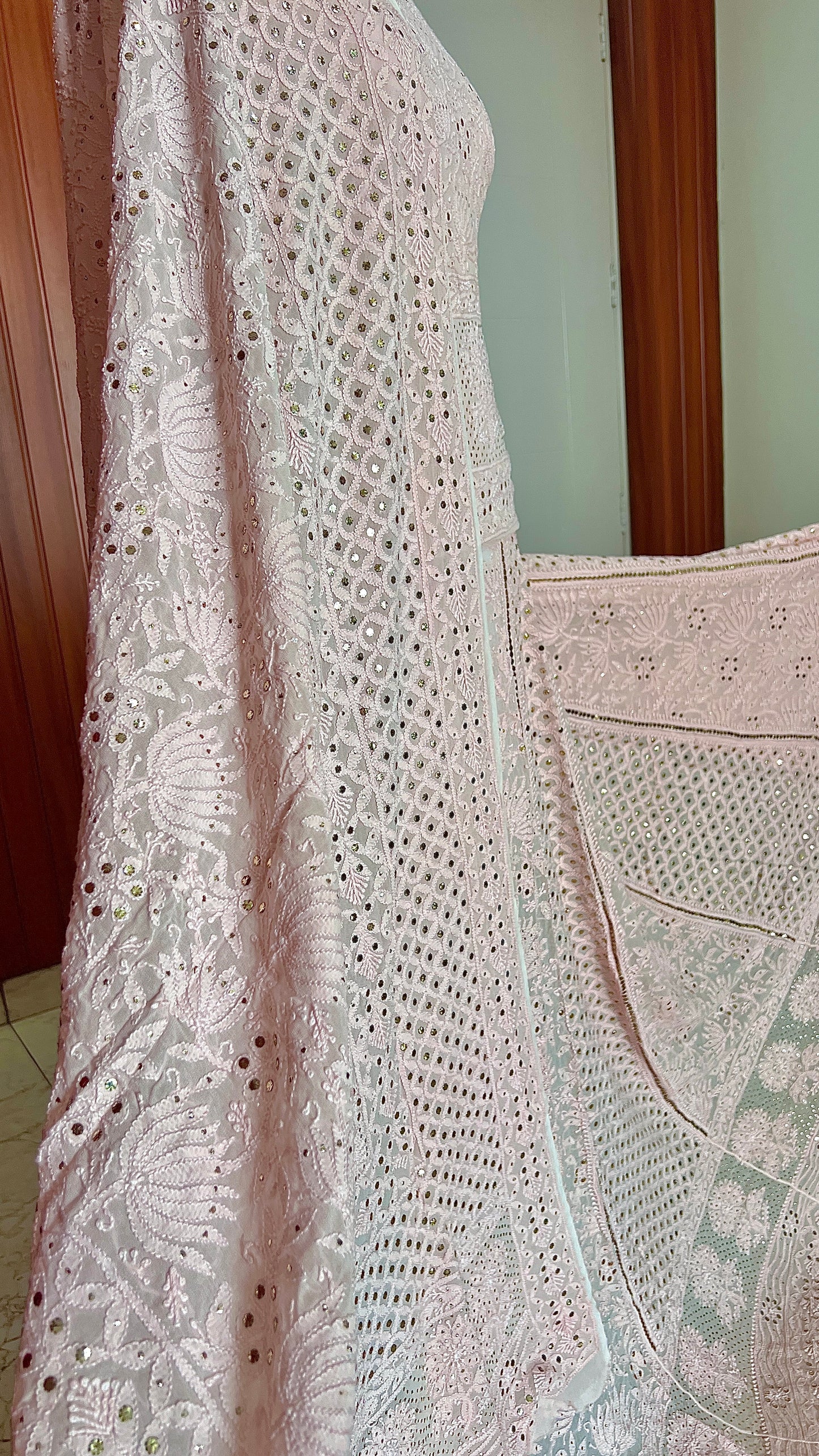 Dusty pink allover Chikankari and mukaish lehenga set