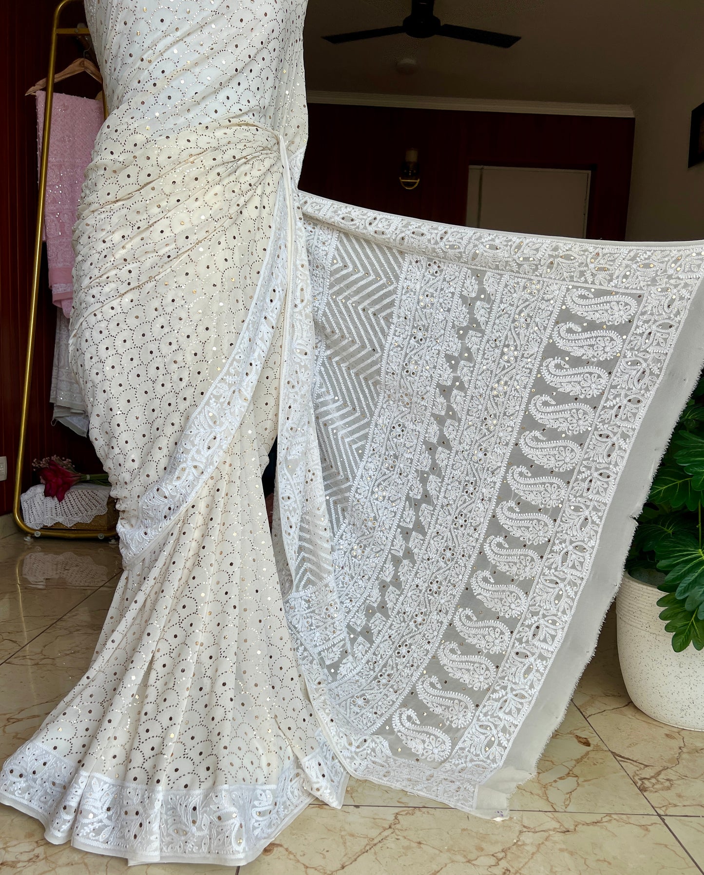 Ruhani Ivory Allover Designer Mukaish and Chikankari Saree