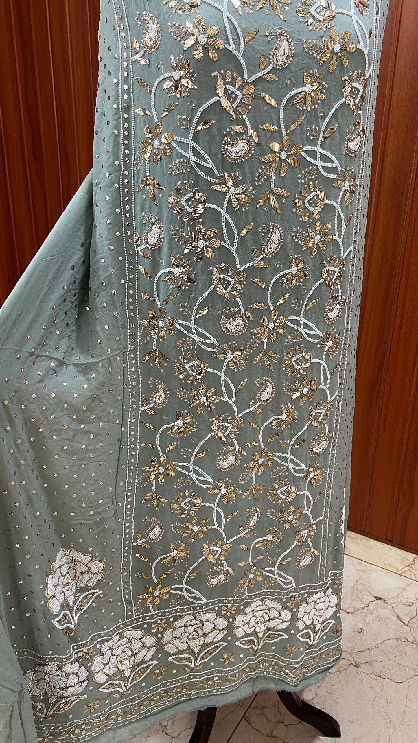 Ruhani Olive Green Badla and Pearl Embroidered Kurta & Dupatta Set