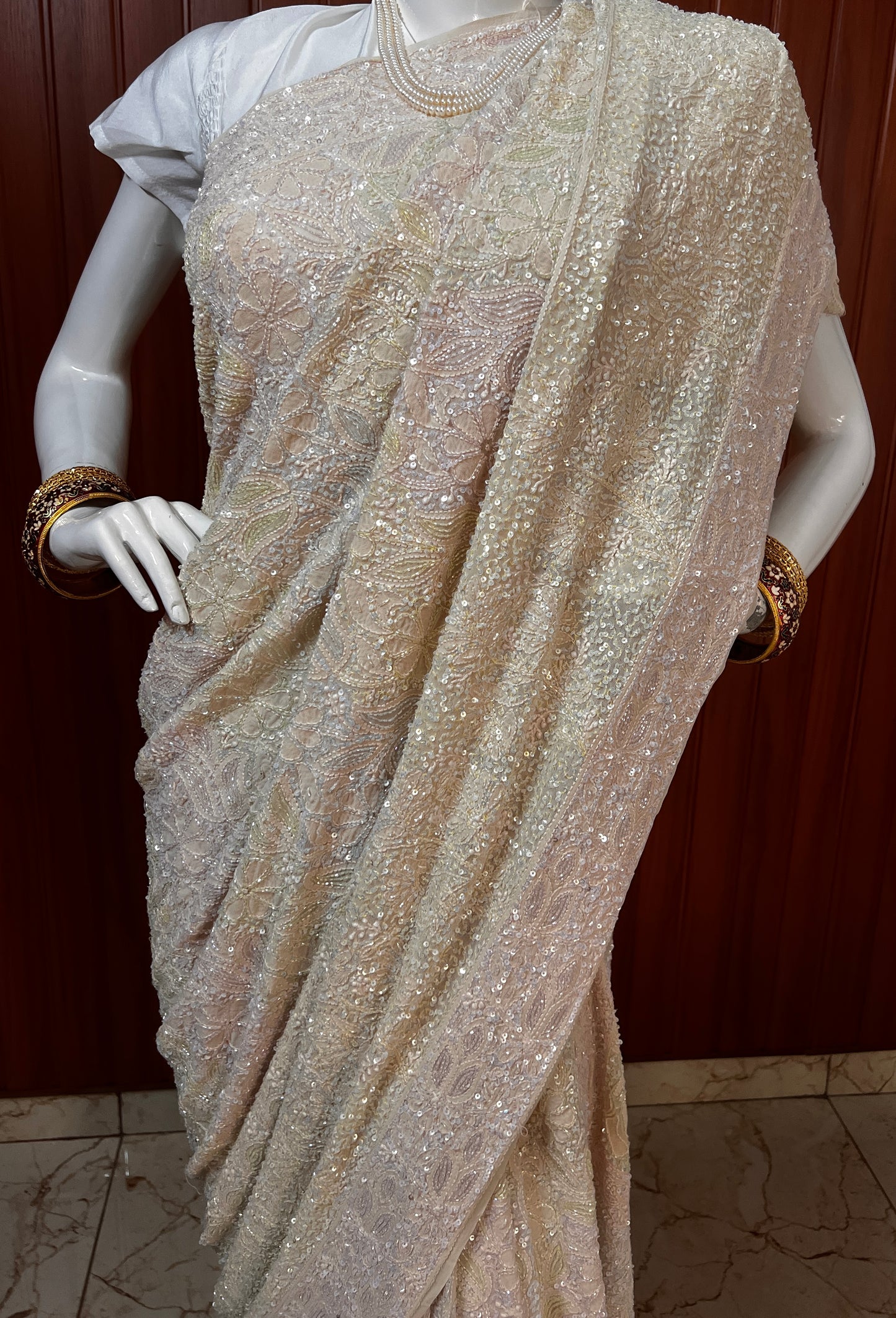 Ruhani Champagne Masterpiece Chikankari and Multicolored Cut Dana Saree