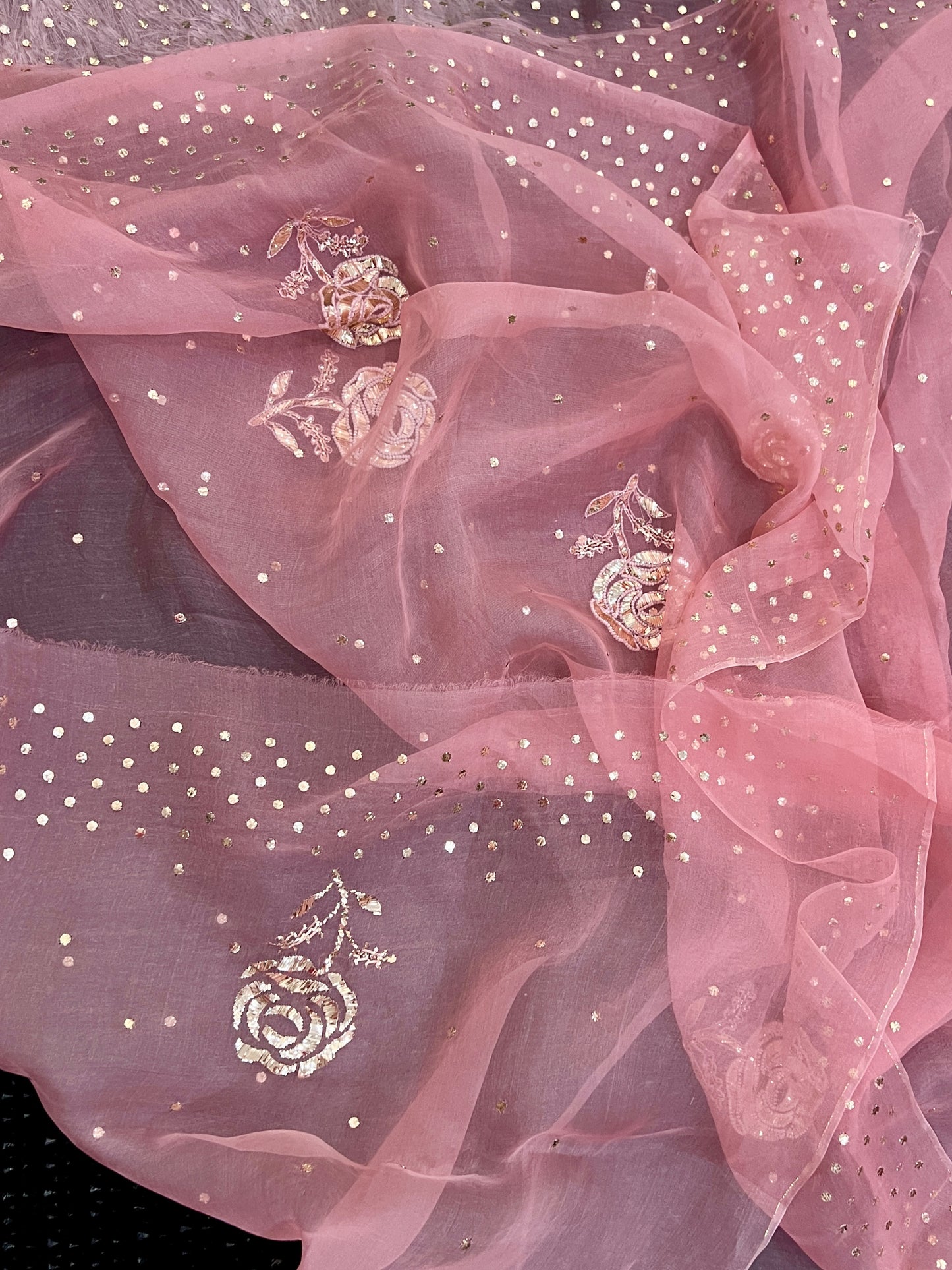 Rose Pink Pure Organza Saree with Pearl Badla and Mukaish Work