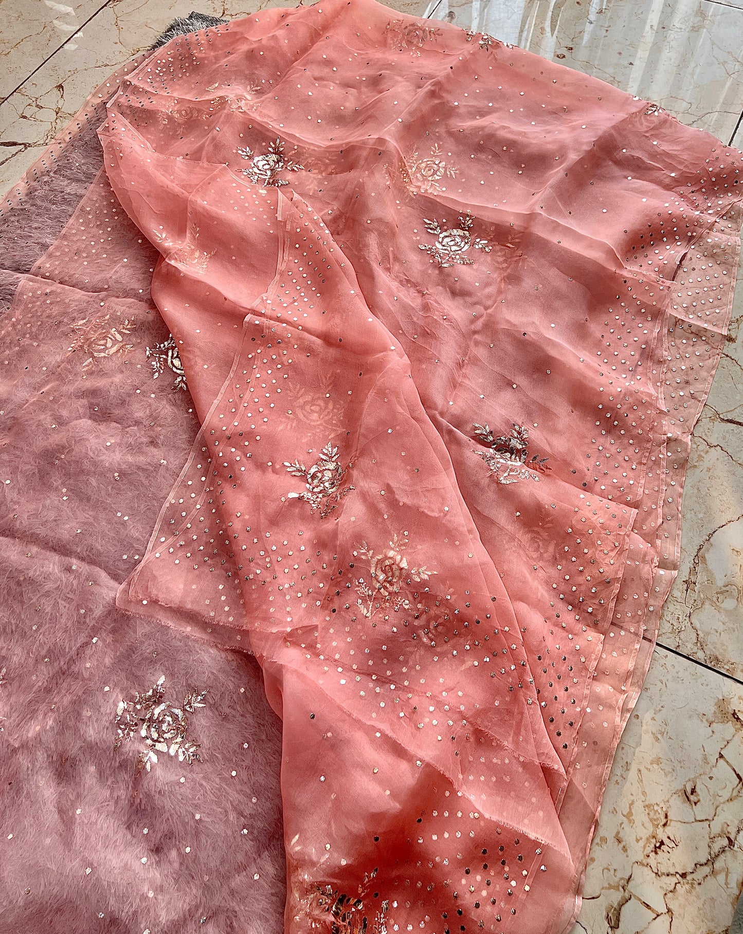 Coral Pure Organza Saree with Badla and Mukaish Work