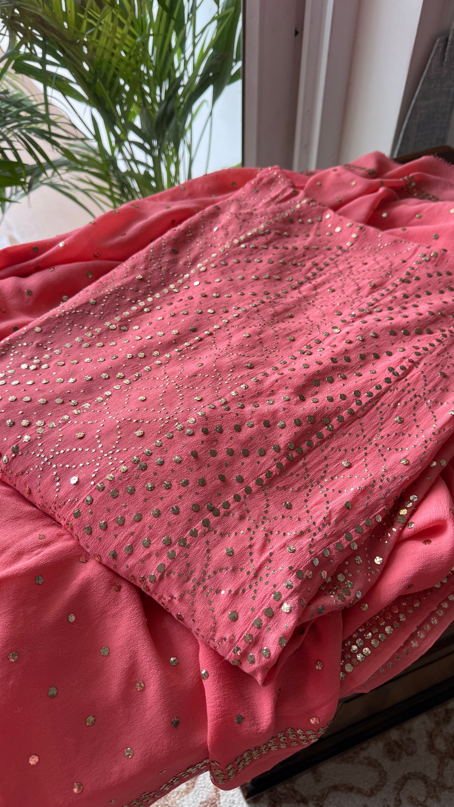 Ruhani Coral Pink Allover Designer Mukaish Pure Georgette Anarkali with Dupatta