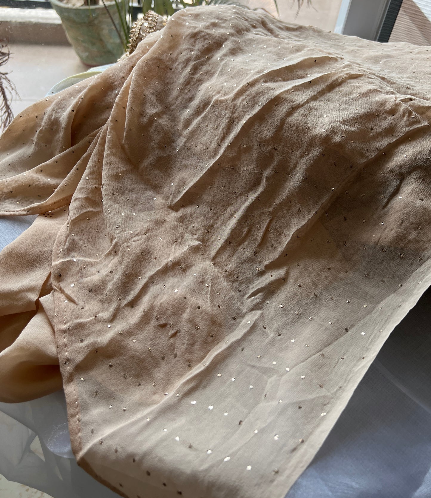 Ruhani Golden Beige Badla Mukaish and chikankari Pure Georgette Saree