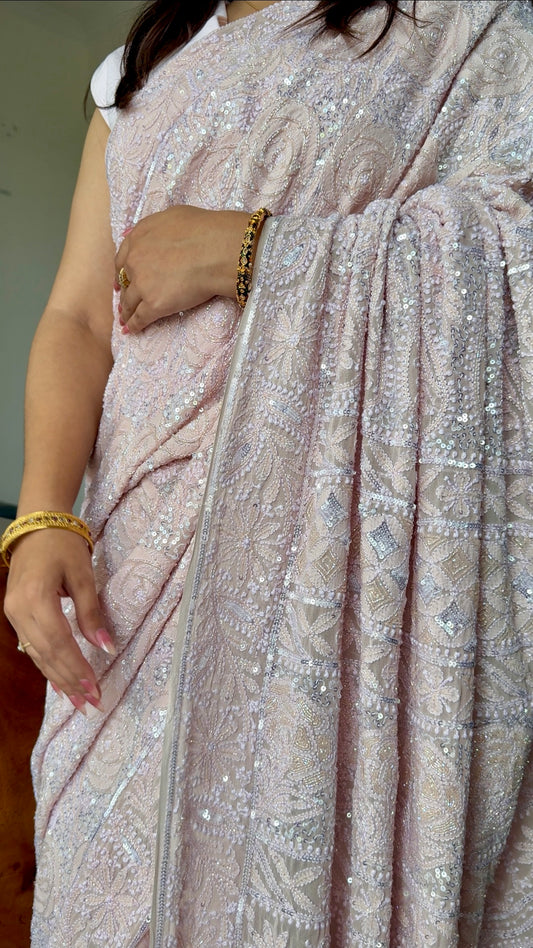 Gulaab Dusty Pink Masterpiece Chikankari Sequins and Cut Dana Saree