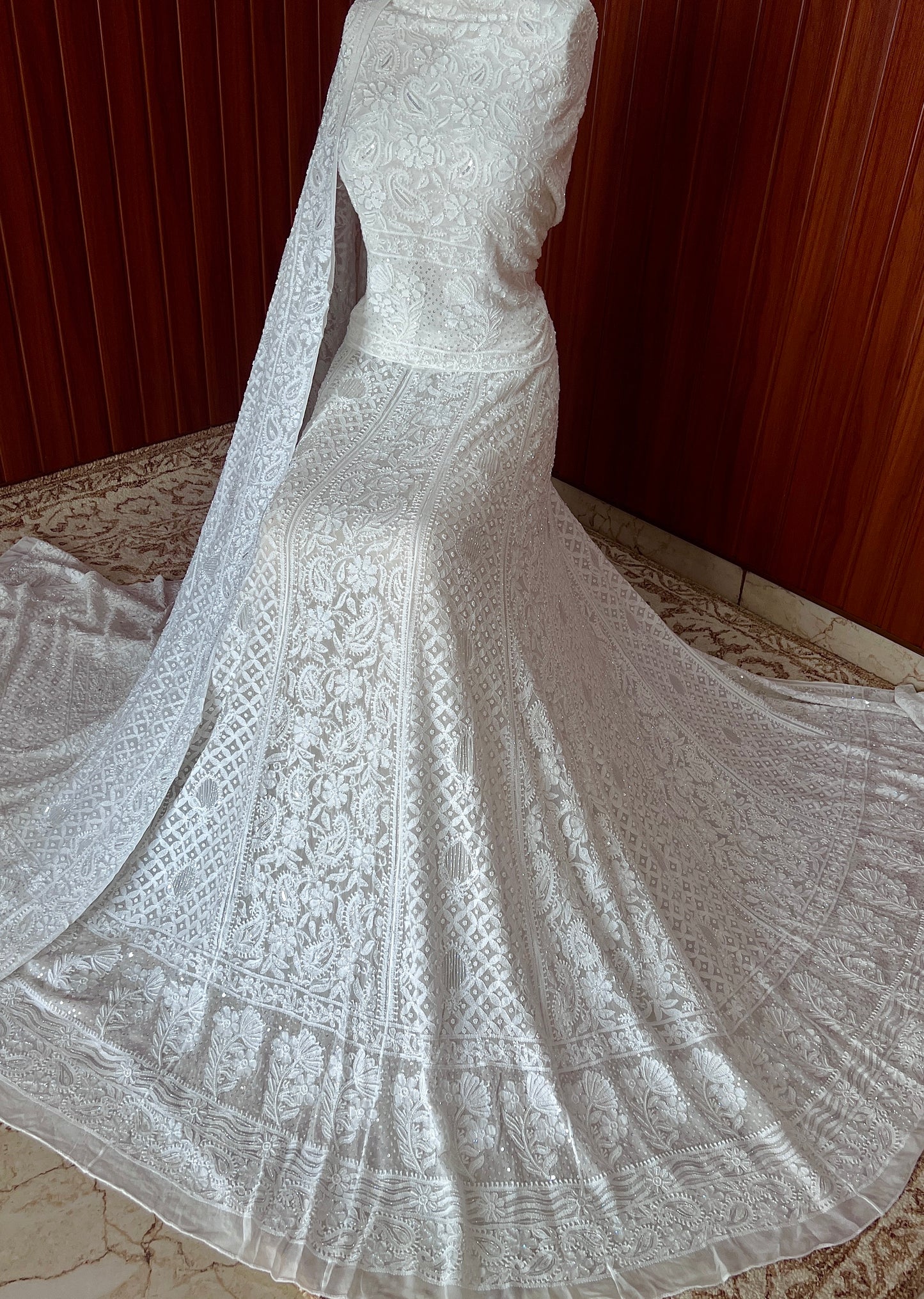 Ruhani White Chikankari Cut Dana Pearl Sequins Wedding Lehenga