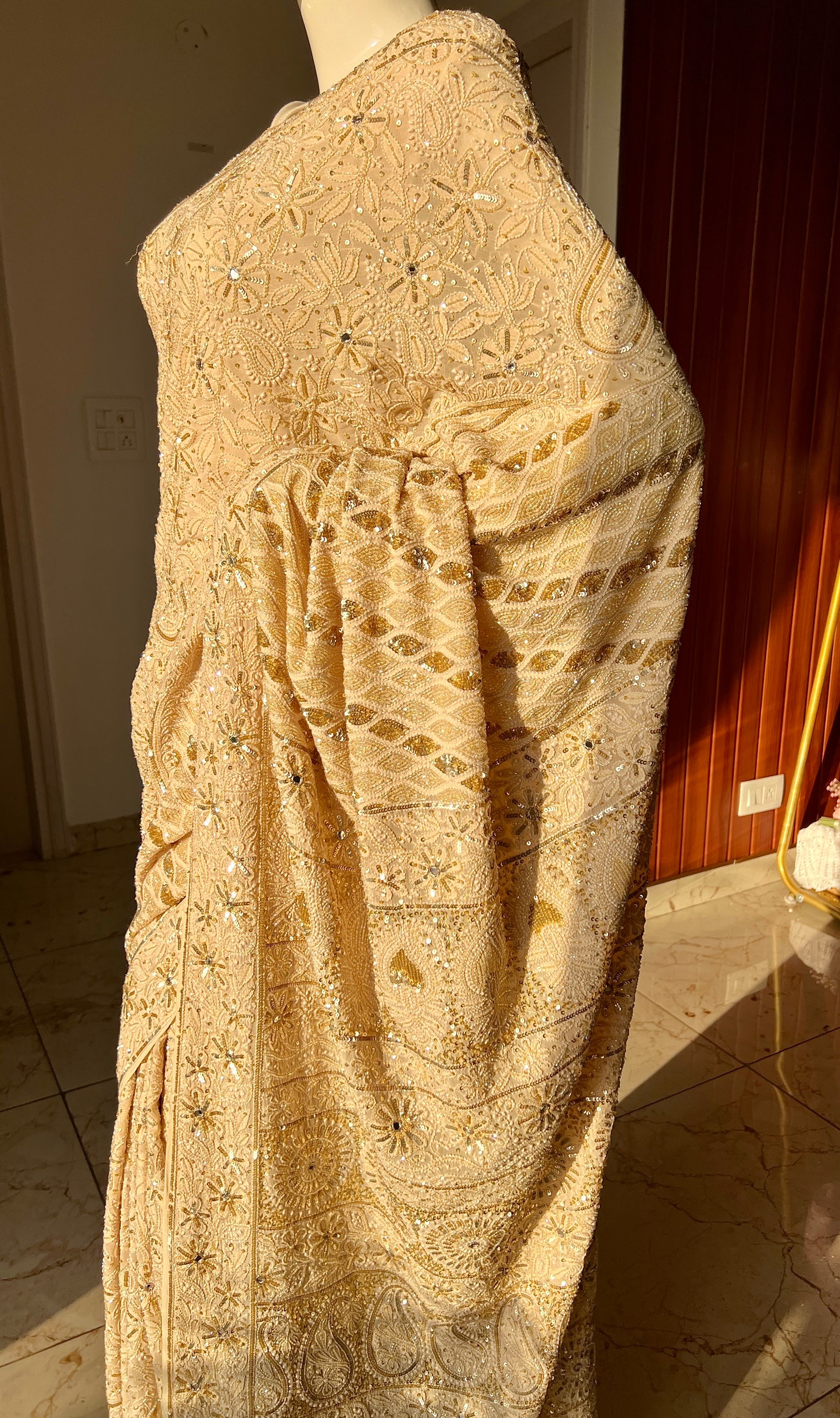 Ruhani Golden Beige Chikankari Sequins Cut Dana Embroidered Masterpiece Saree