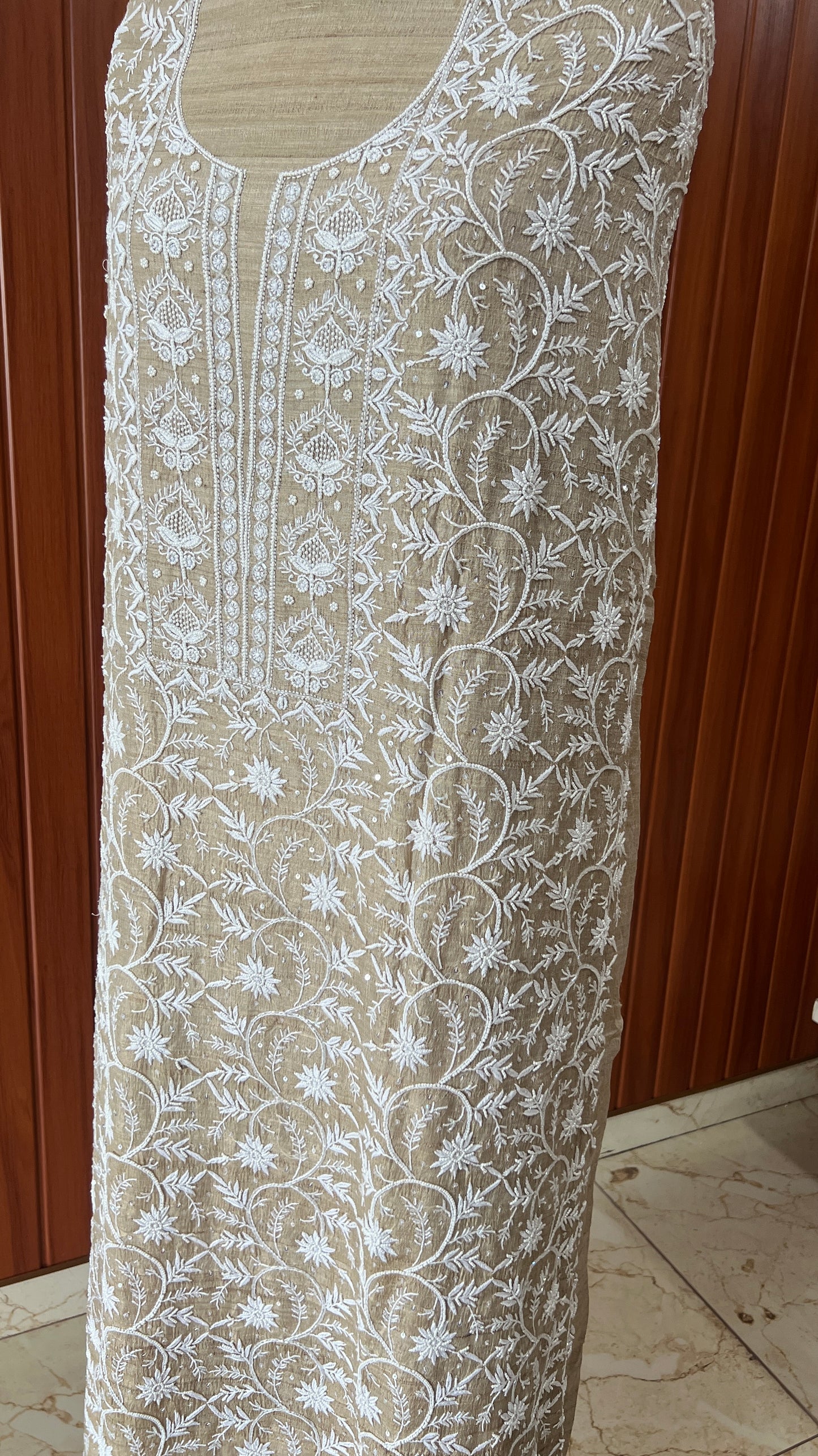 Pure Tussar silk Chikankari and pearl embroidered kurta and dupatta