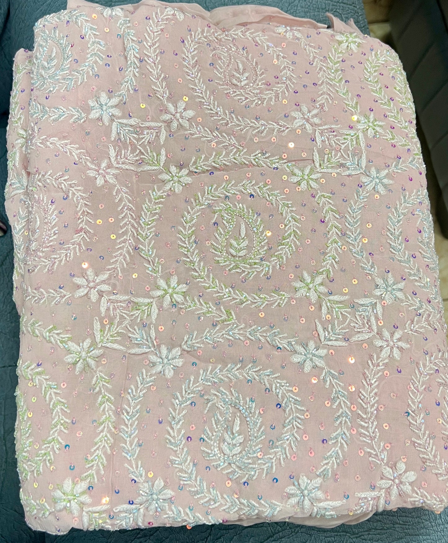 Ruhani Pink Suit with Chikankari Multicolored Sequins and Cut Dana