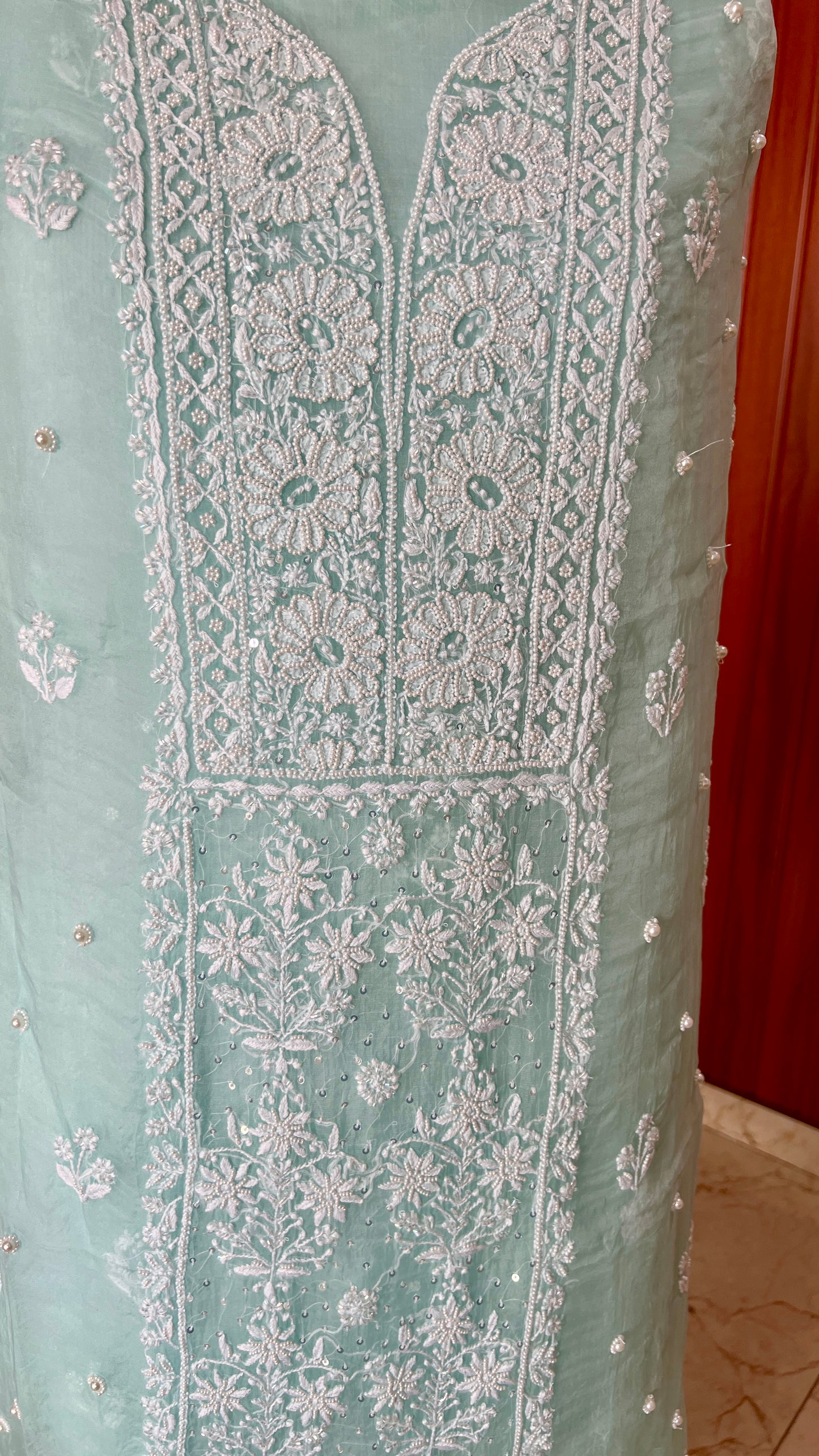 Sea Green Chikankari and pearl work pure Organza kurta with dupatta