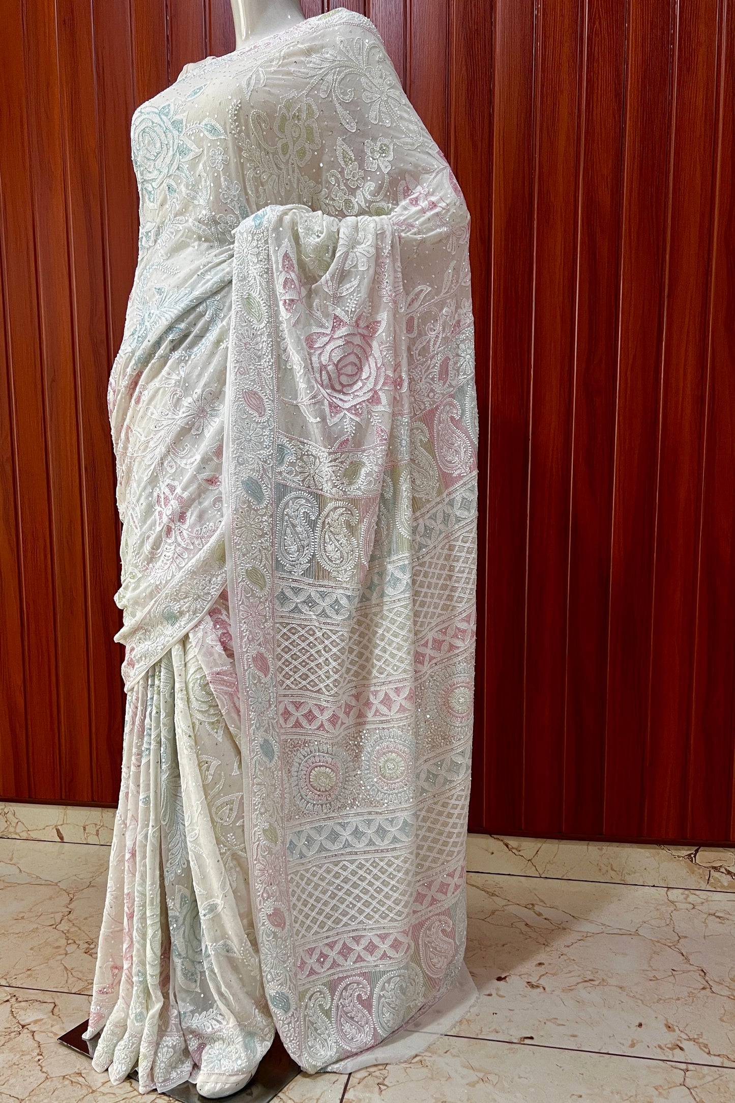 Ruhani Ivory Chikankari multicolored Cut Dana and Sequins Saree