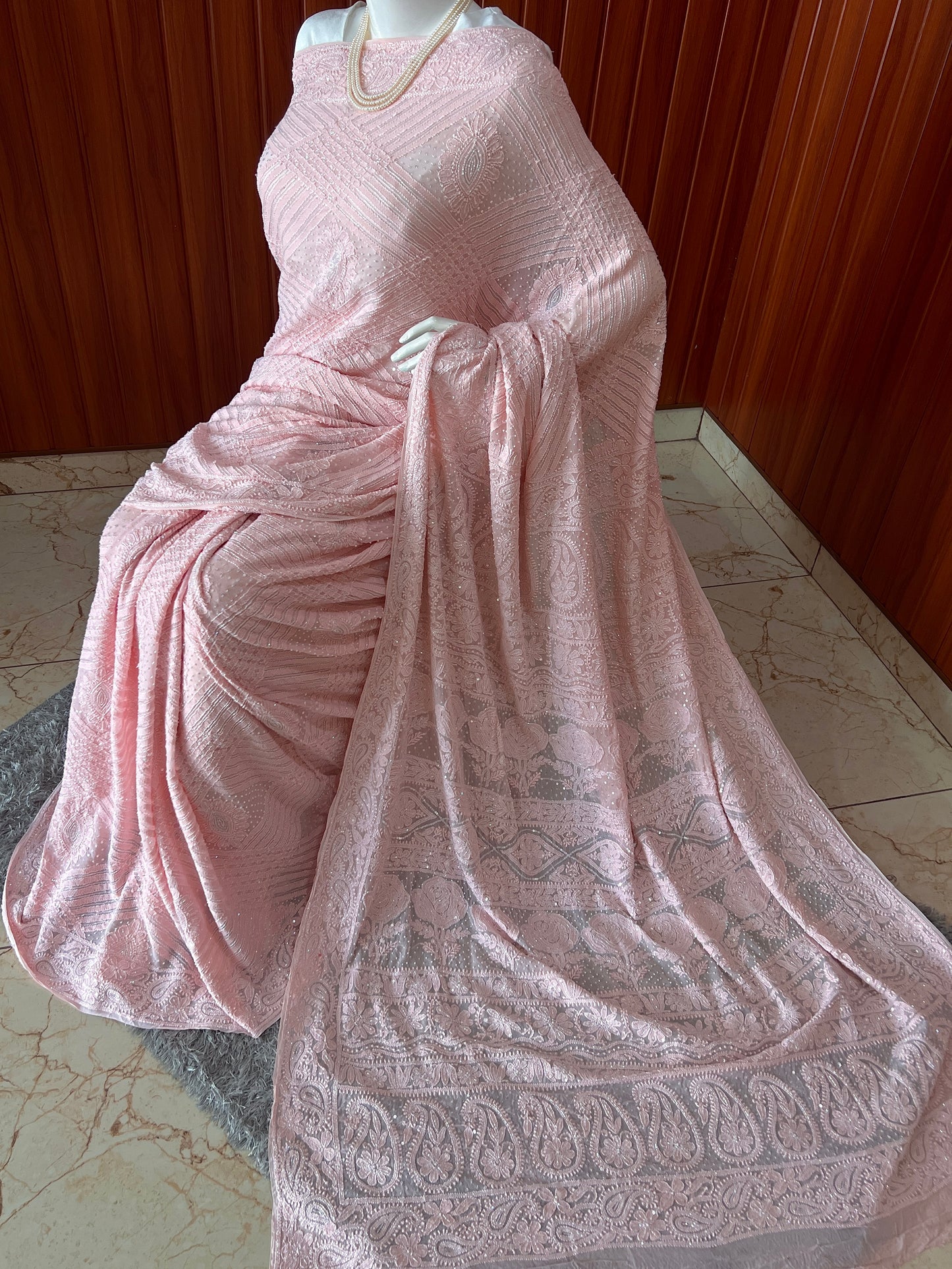 Ruhani Blush Pink Chikankari and Cut Dana Saree