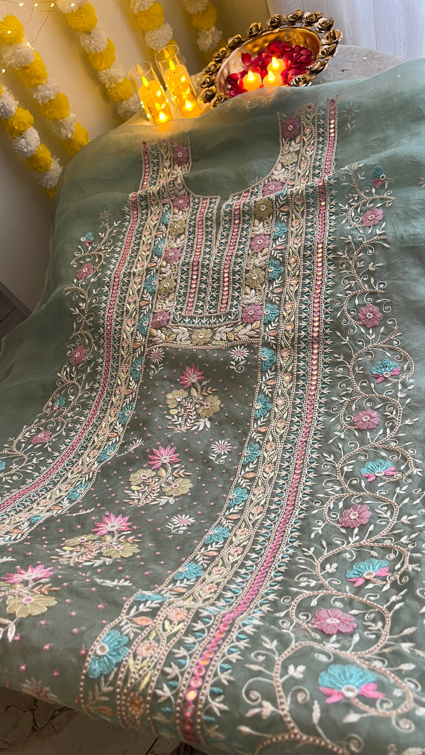 Ruhani Sage Green fine Chikankari pure Organza kurta with dupatta