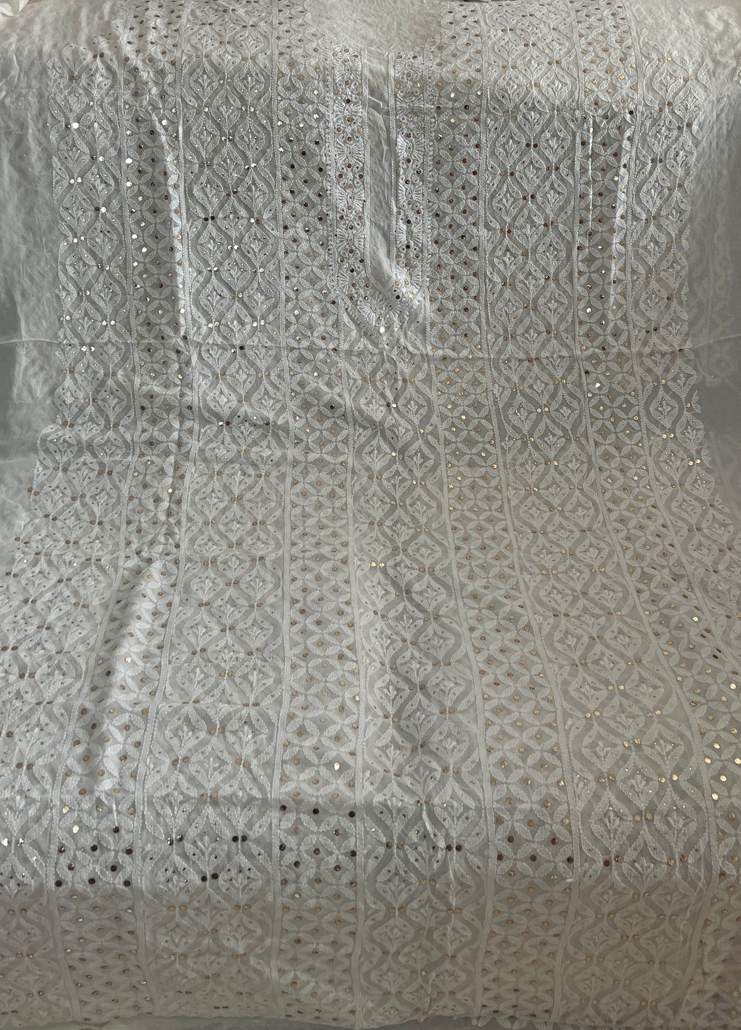 Ivory Pure Georgette Allover Chikankari and Mukaish Men's Kurta Fabric