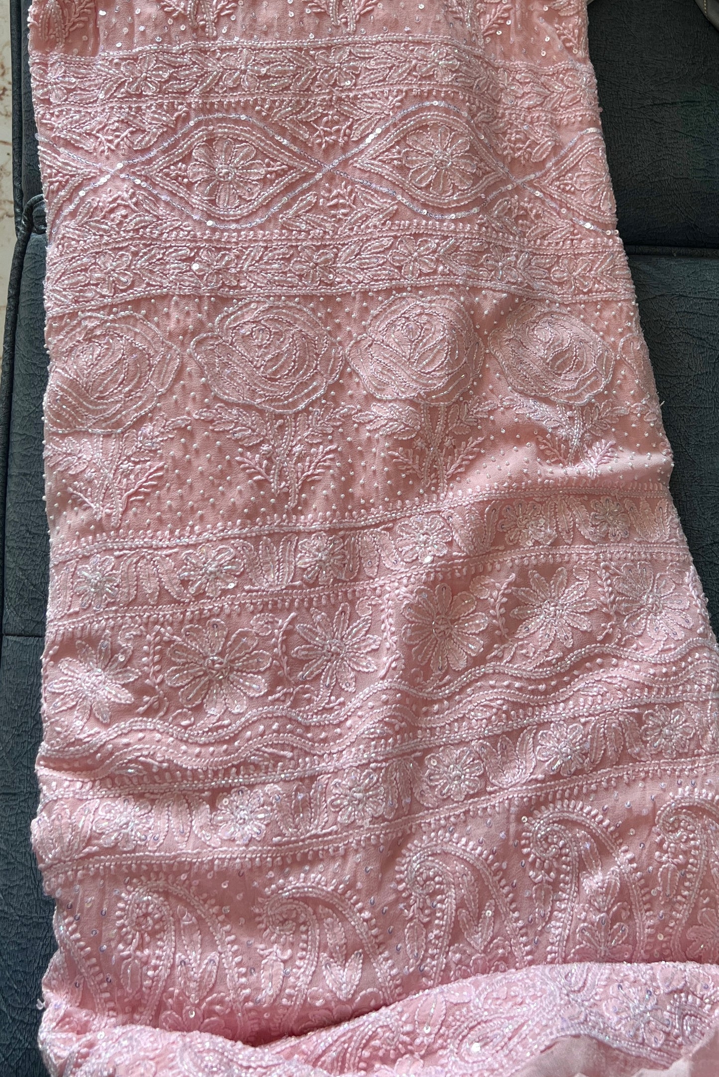Ruhani Blush Pink Chikankari and Cut Dana Saree