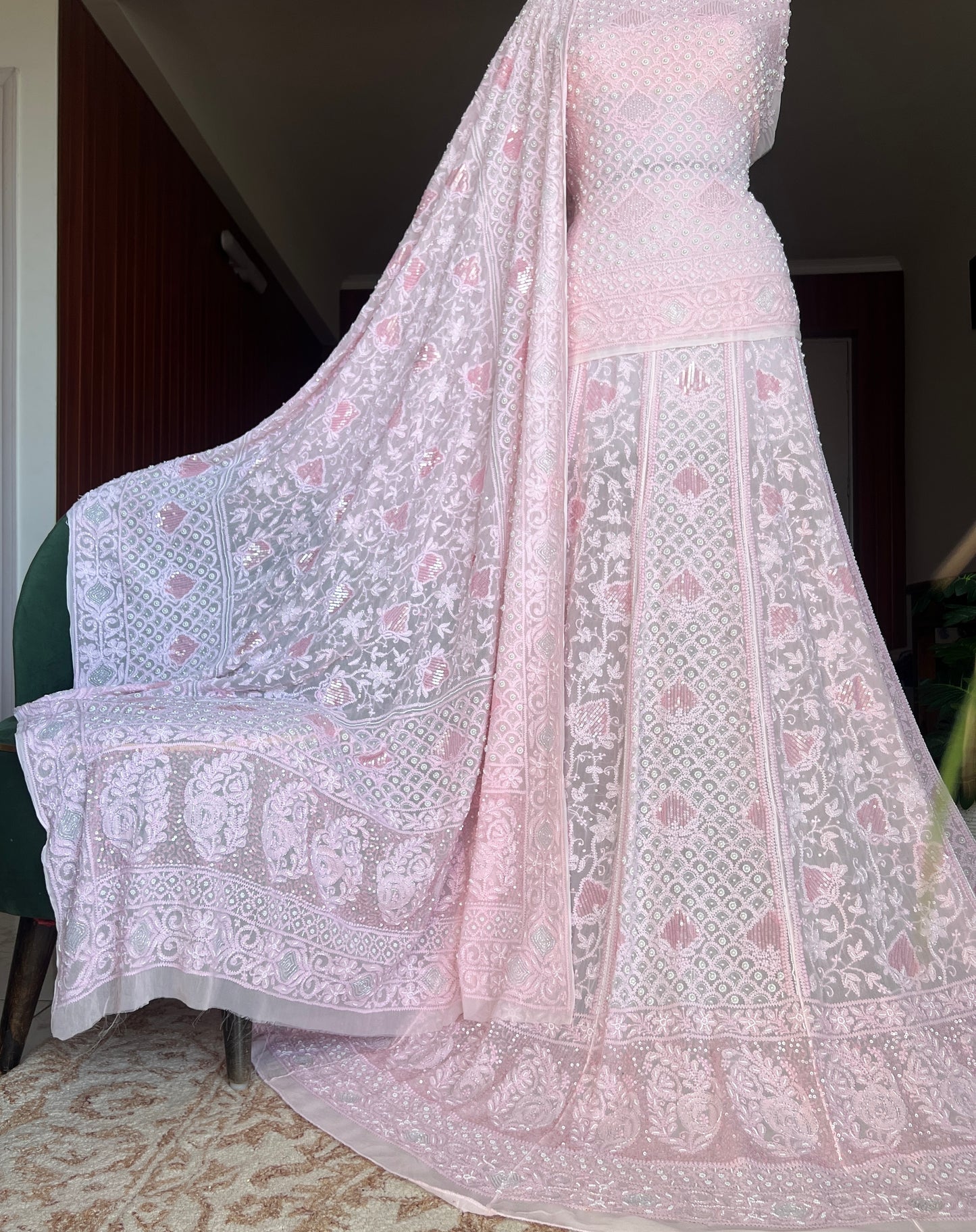 Ruhani Peachish Pink Chikankari Cut Dana Sequins Wedding Lehenga