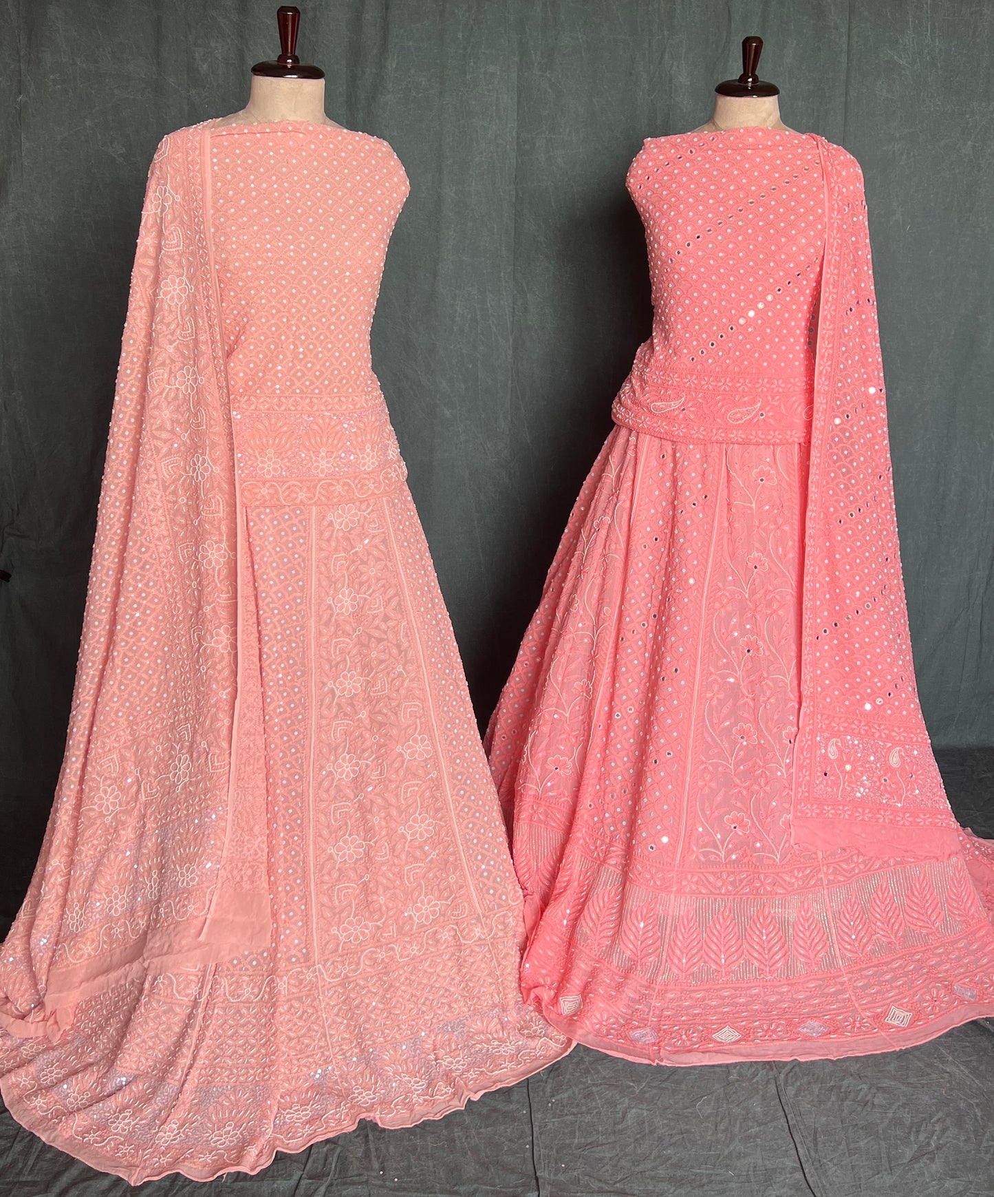 Coral peach Chikankari Pearl & Mirror work Lehenga
