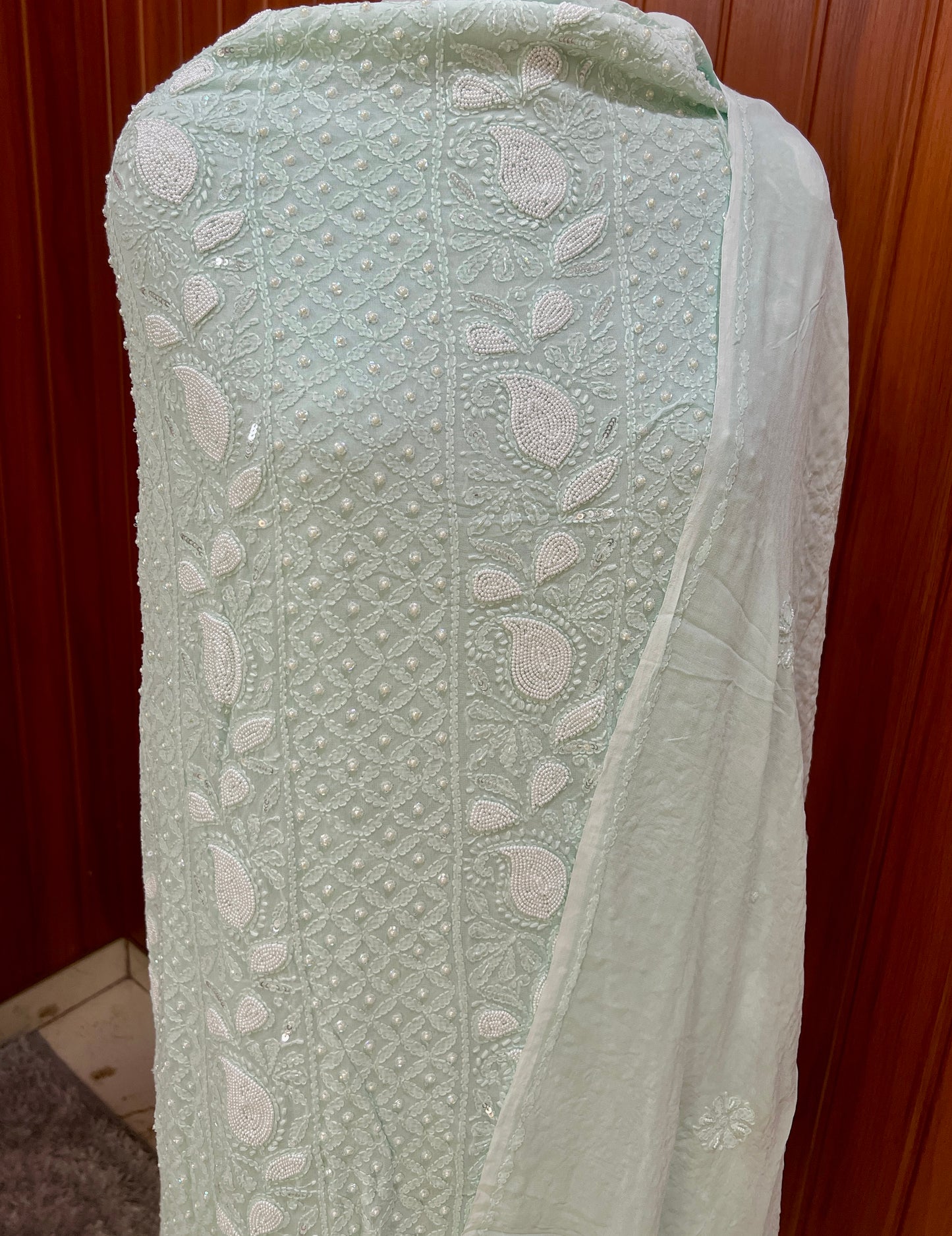 Mint Green Chikankari Pearl and Cut Dana Kurta and Dupatta