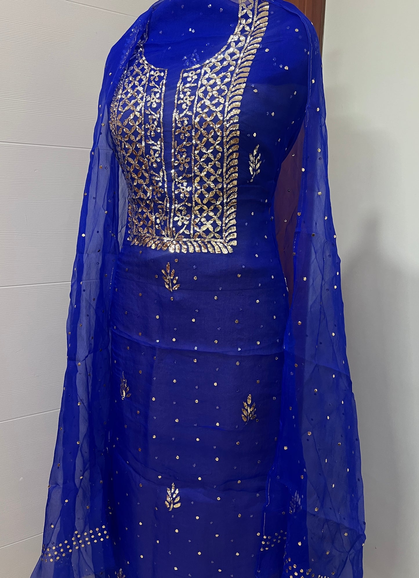 Azure Blue Badla and Mukaish work pure Organza kurta with dupatta