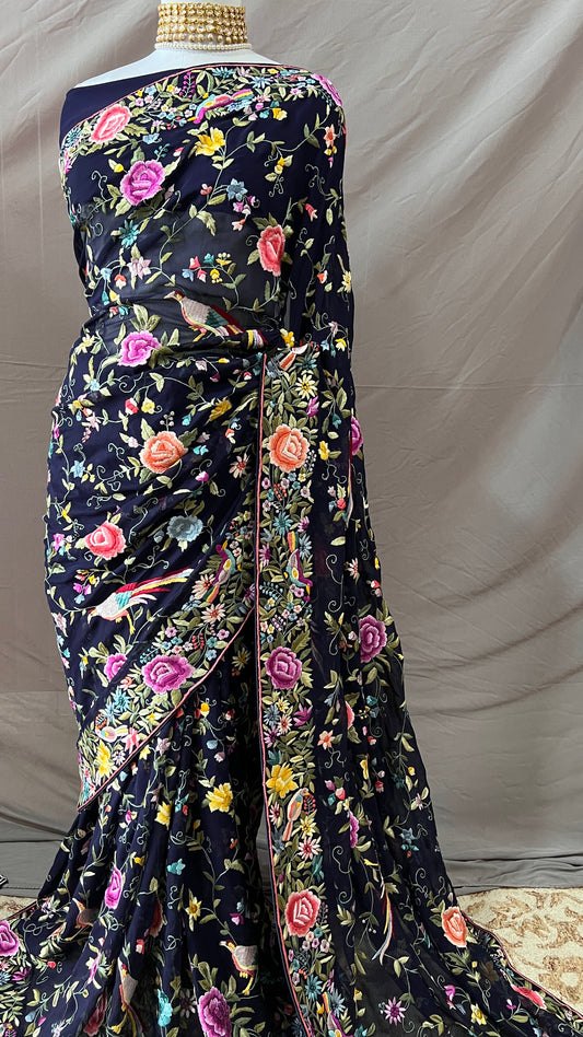 Navy Blue Masterpiece Parsi Gara Pure Georgette Saree