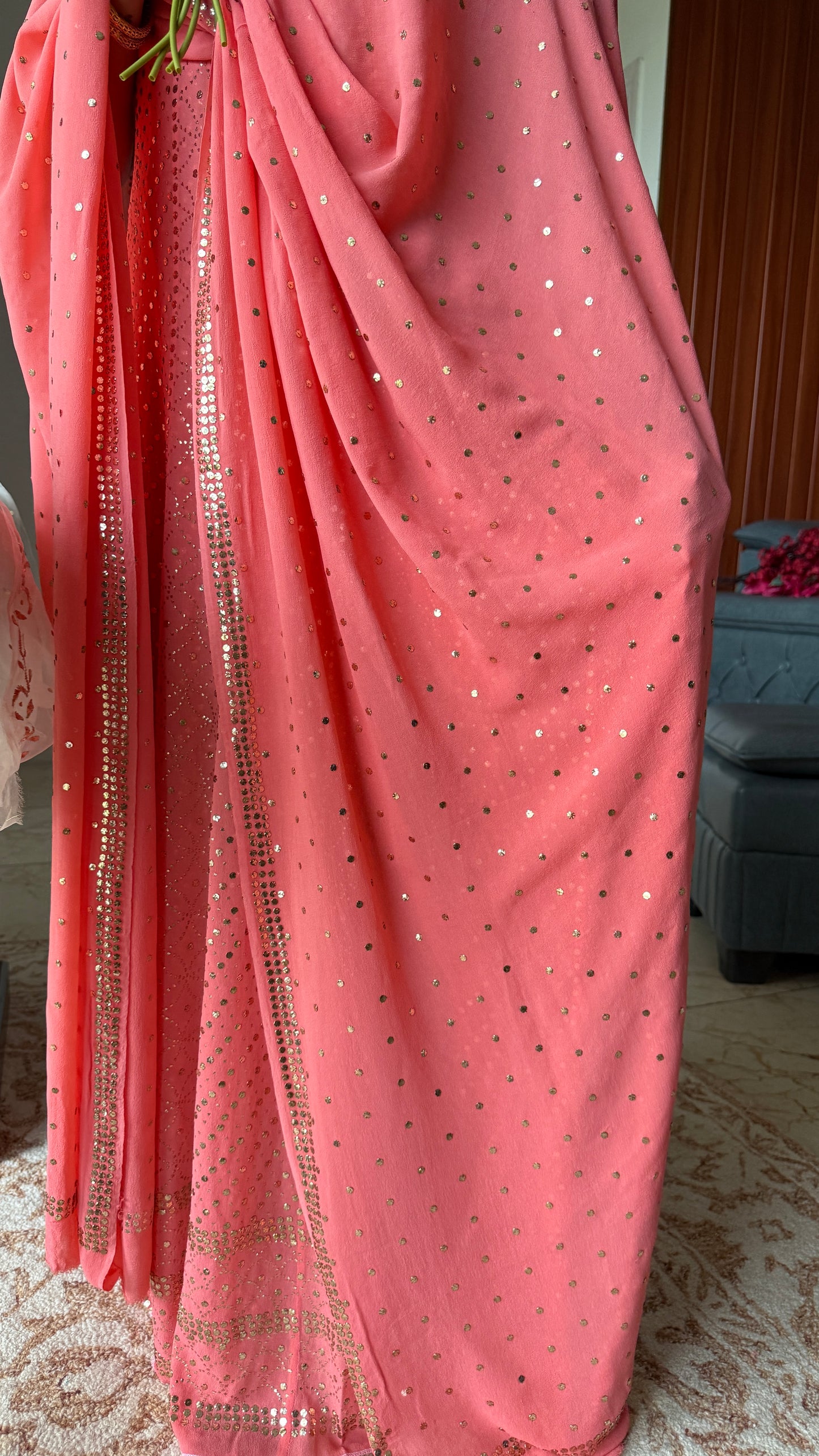 Ruhani Coral Pink Allover Designer Mukaish Pure Georgette Anarkali with Dupatta