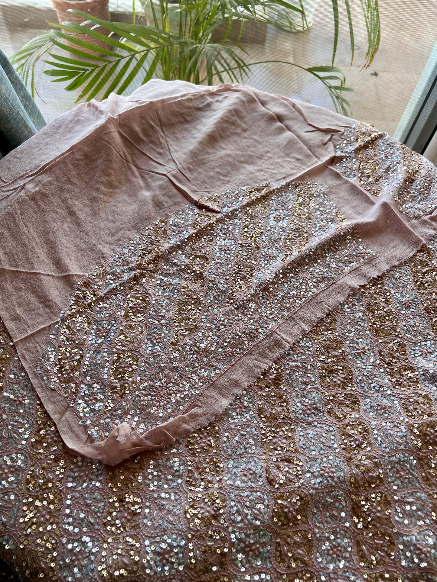 Ruhani Old Rose Chikankari Sequins Cut Dana Embroidered Masterpiece Saree