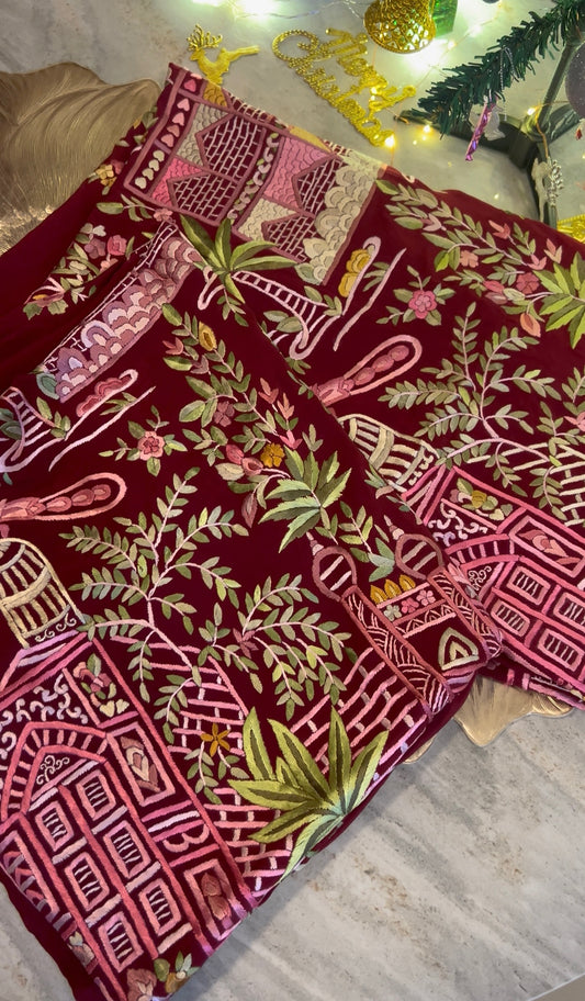 Maroon Masterpiece Hand Embroidered Parsi Gara kurta set