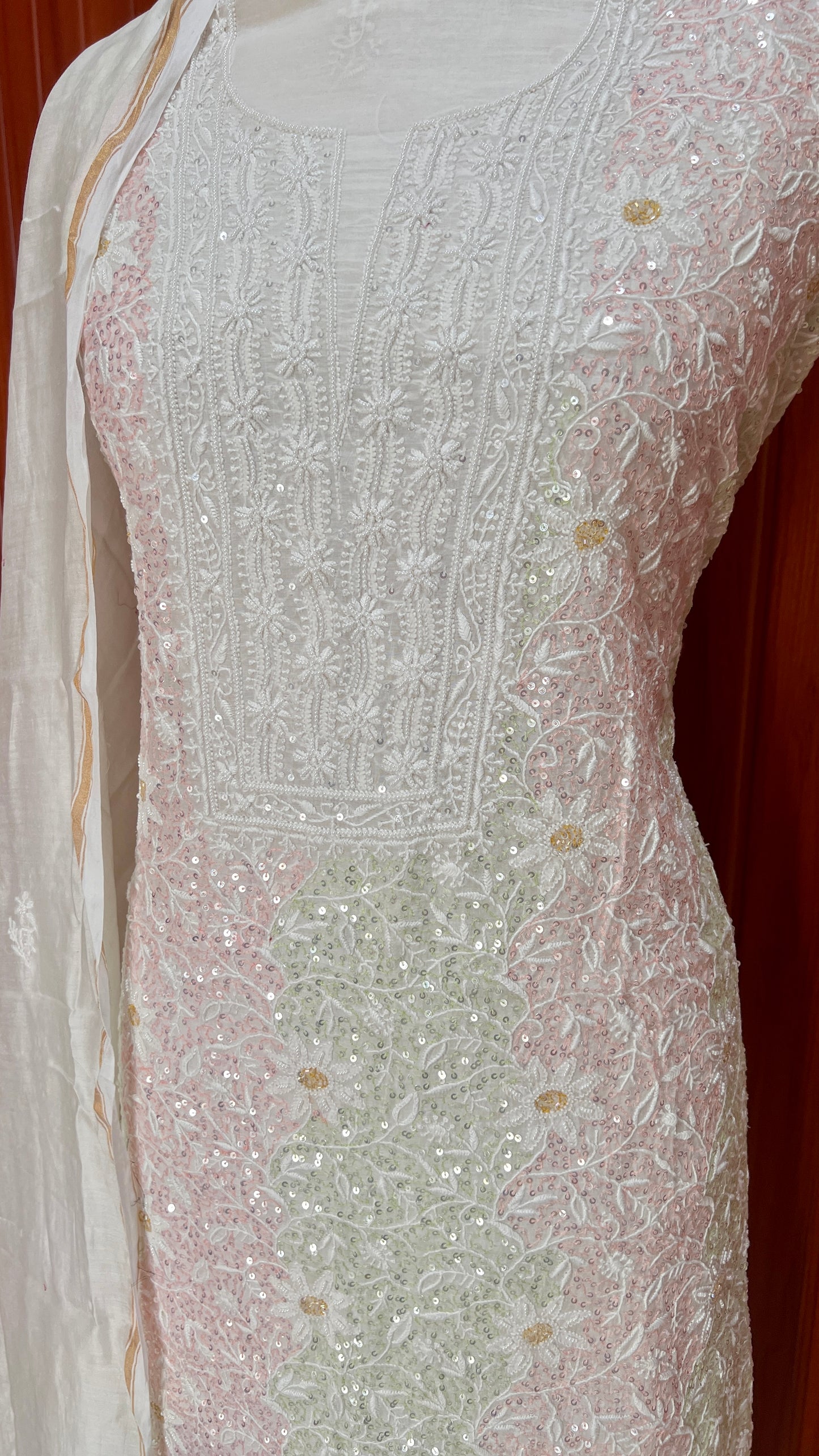 Multicolored chikankari and sequins Mulmul Kurta with Dupatta